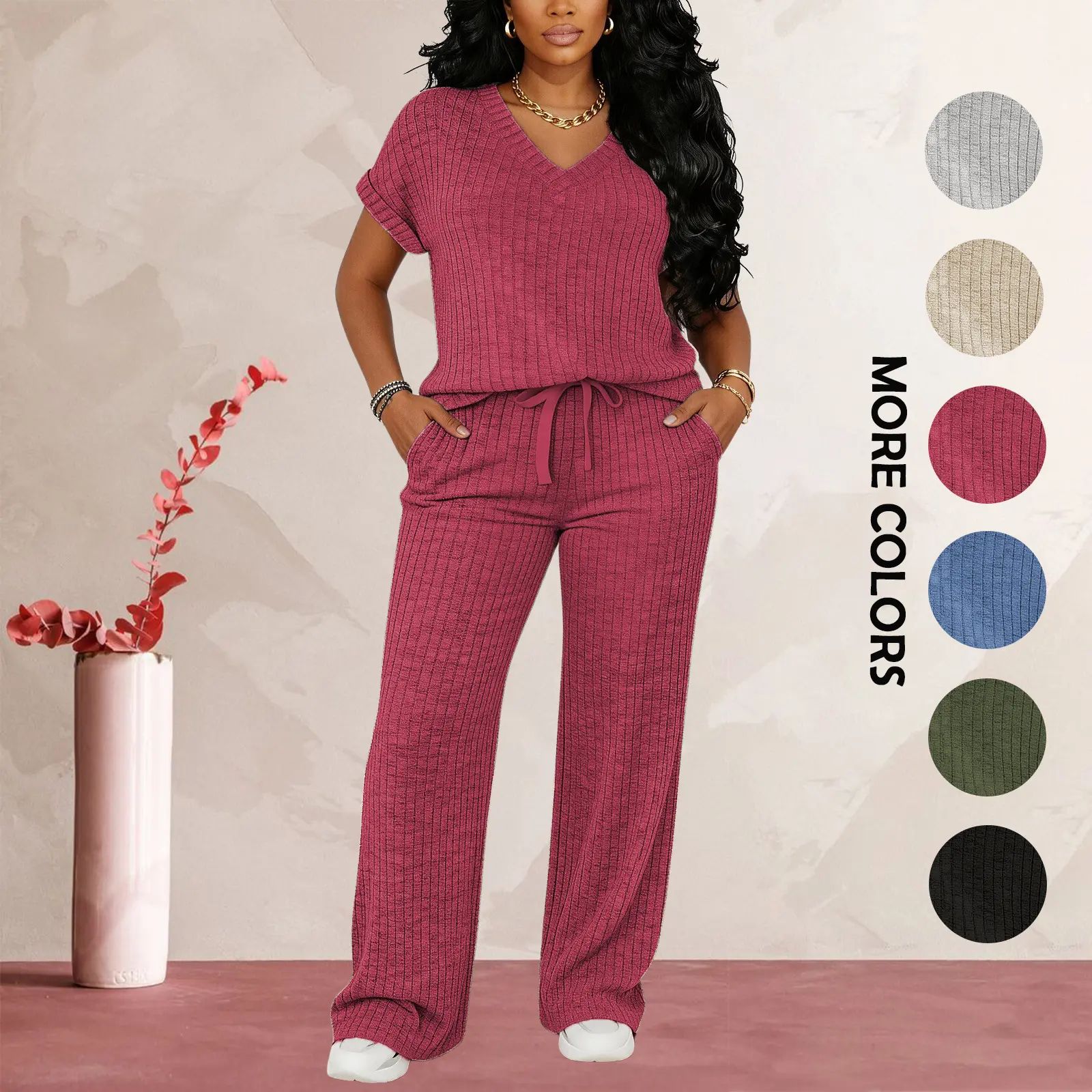 Women's Ultra-Soft Brushed Ribbed Knit 2-Piece Loungewear Set - V-Neck Top & High Waist Wide Leg Pants