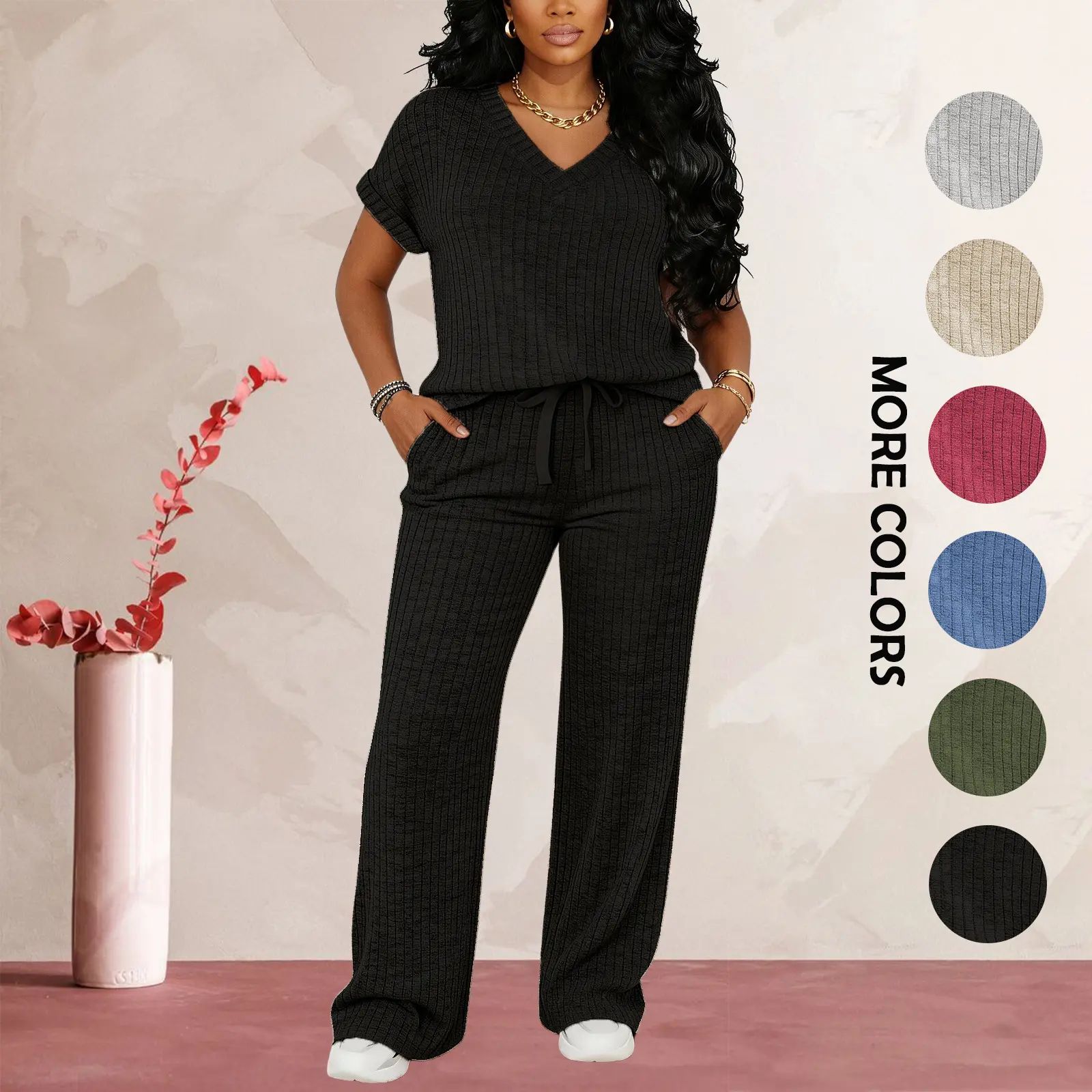 Women's Ultra-Soft Brushed Ribbed Knit 2-Piece Loungewear Set - V-Neck Top & High Waist Wide Leg Pants
