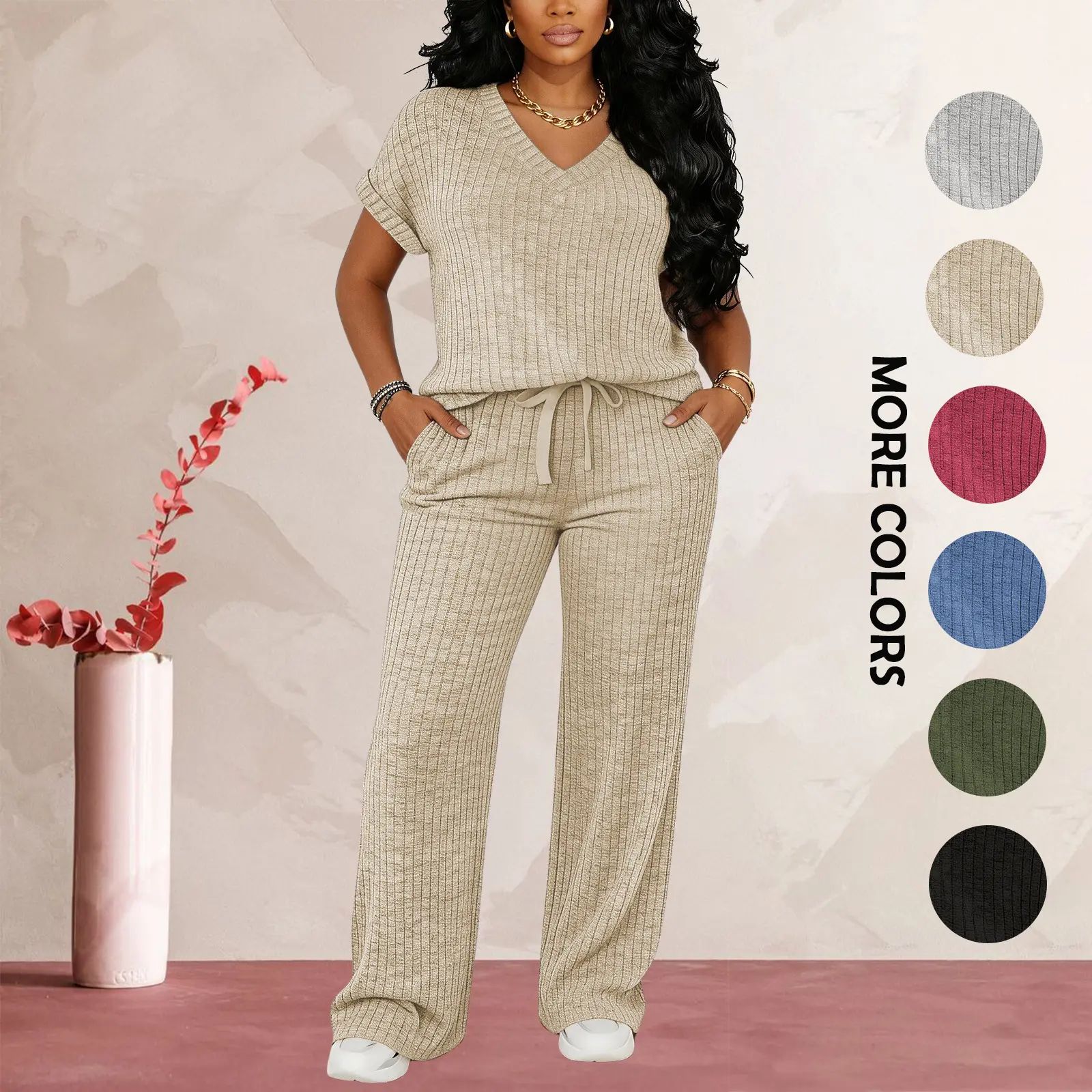 Women's Ultra-Soft Brushed Ribbed Knit 2-Piece Loungewear Set - V-Neck Top & High Waist Wide Leg Pants