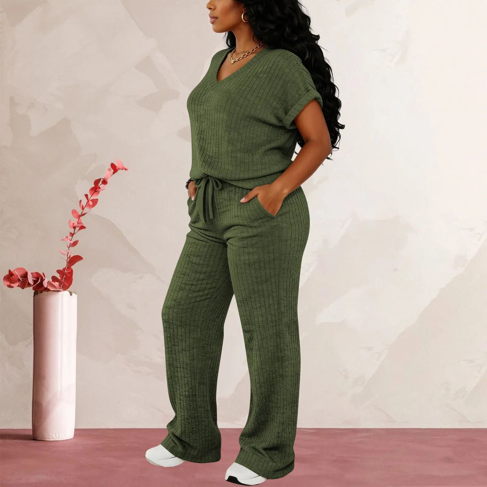 Women's Ultra-Soft Brushed Ribbed Knit 2-Piece Loungewear Set - V-Neck Top & High Waist Wide Leg Pants