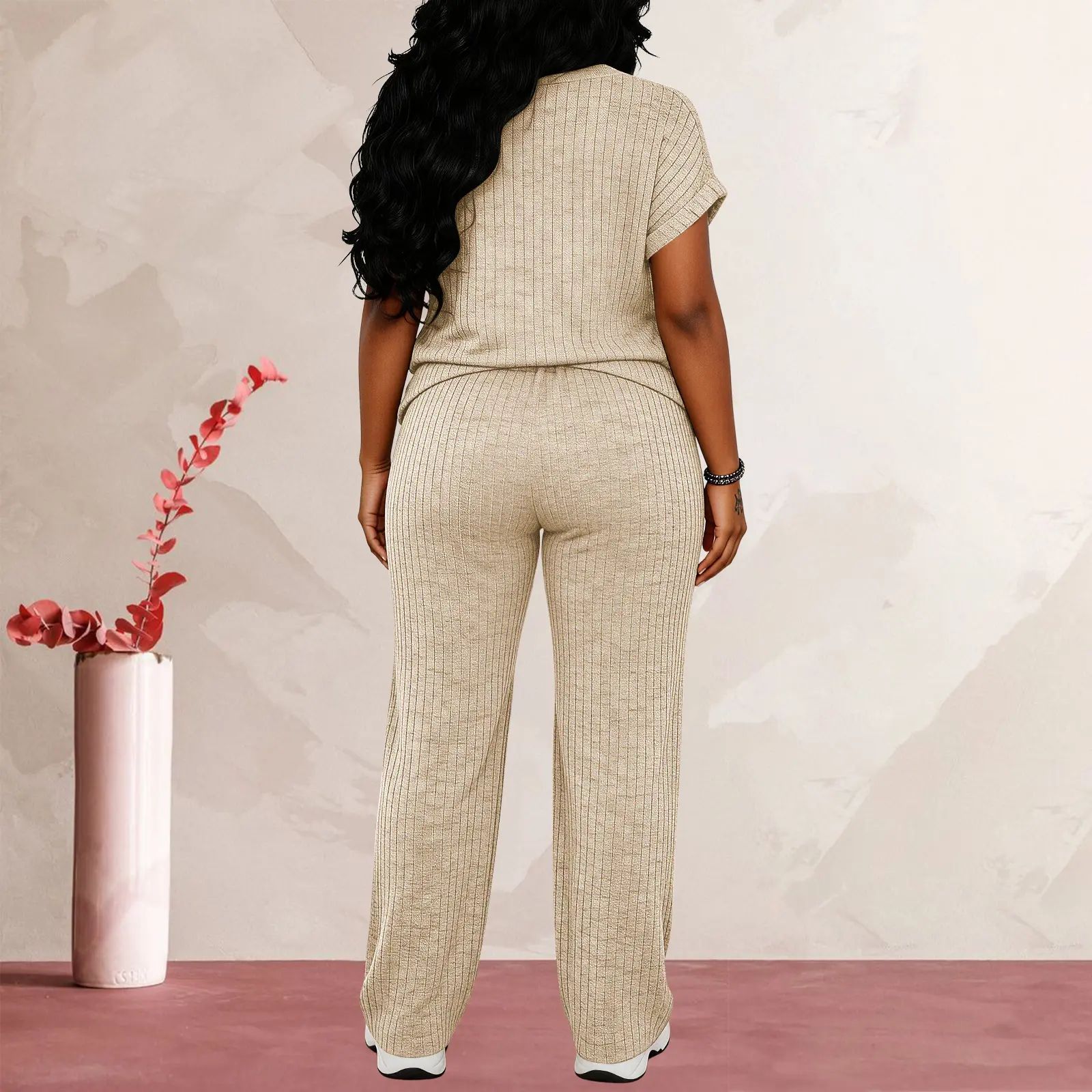Women's Ultra-Soft Brushed Ribbed Knit 2-Piece Loungewear Set - V-Neck Top & High Waist Wide Leg Pants