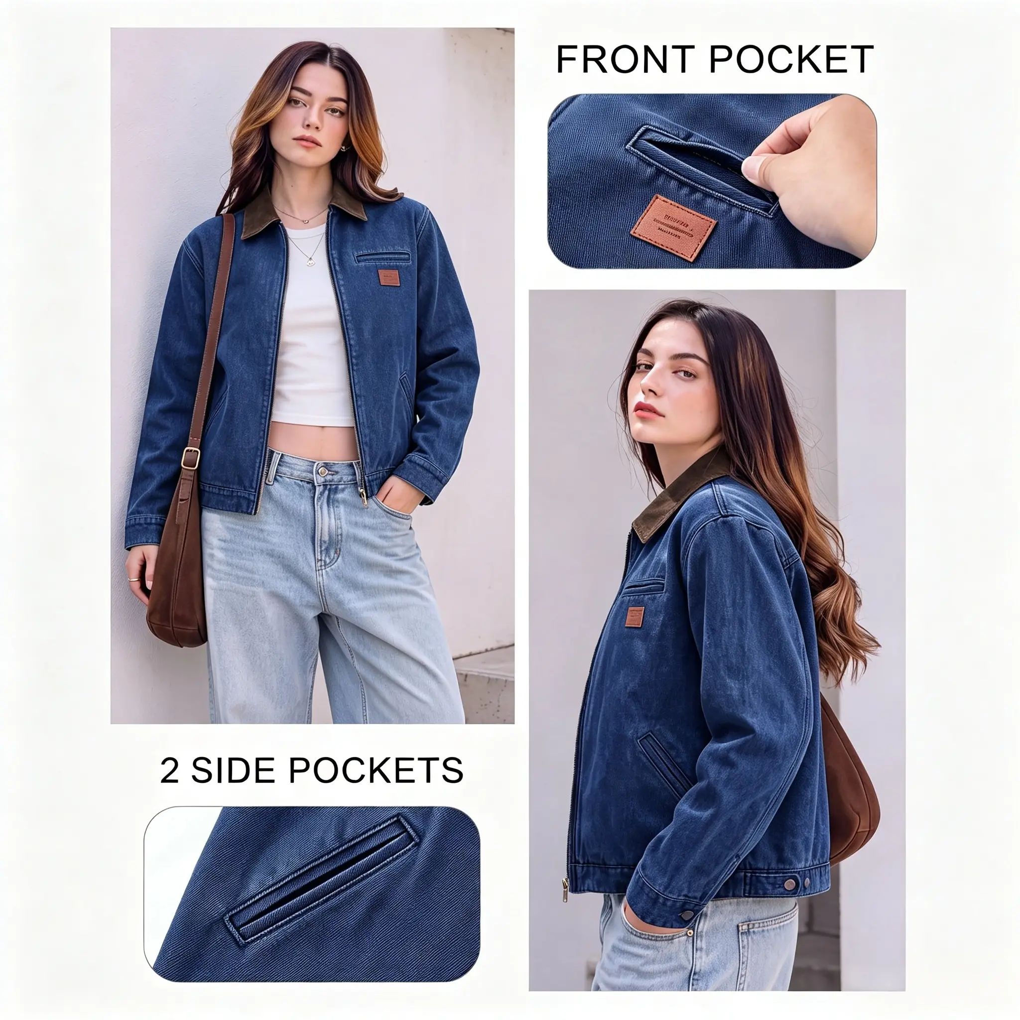 Women's Clean Fit Zipper Denim Jacket - Long Sleeve Casual Jean Jacket