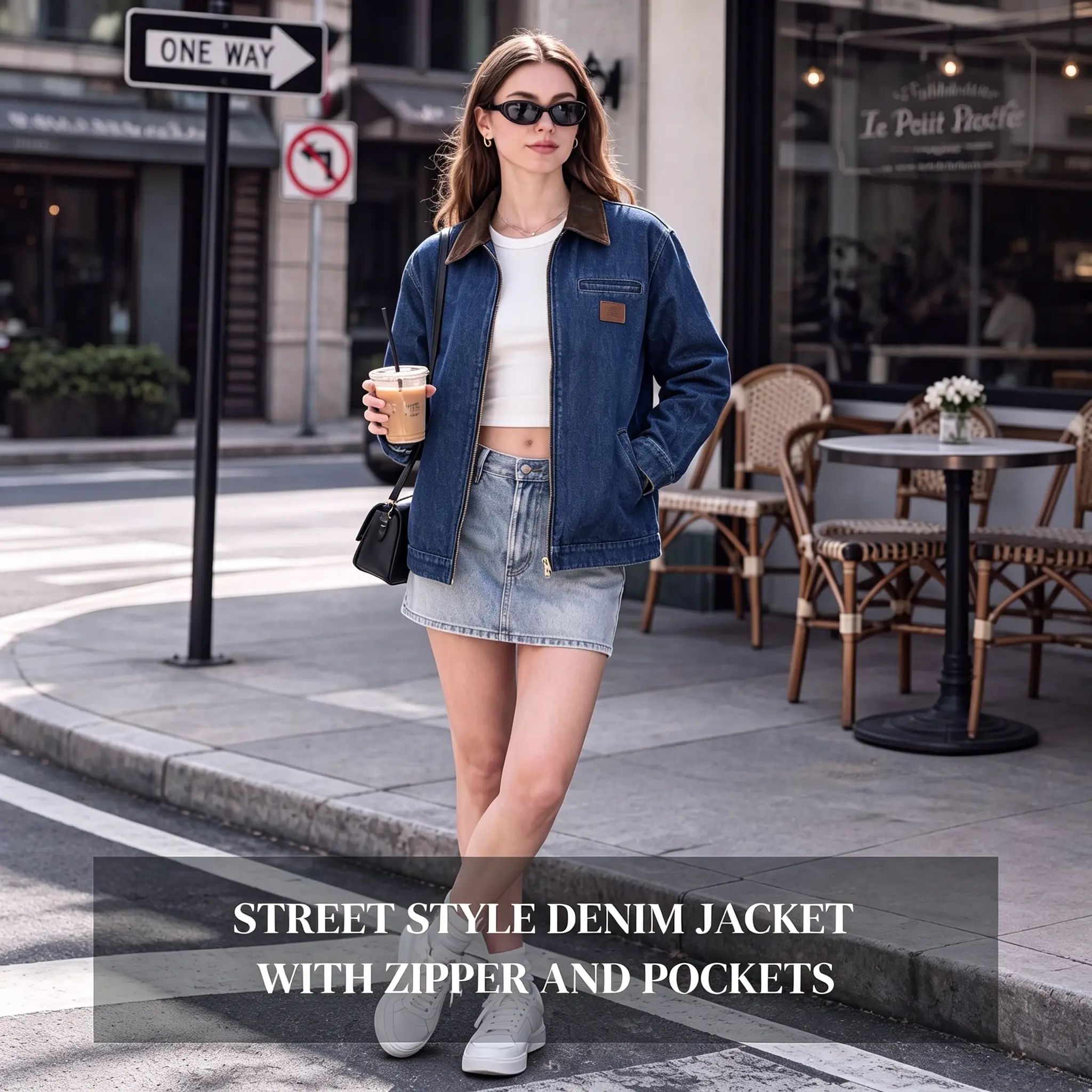 Women's Clean Fit Zipper Denim Jacket - Long Sleeve Casual Jean Jacket