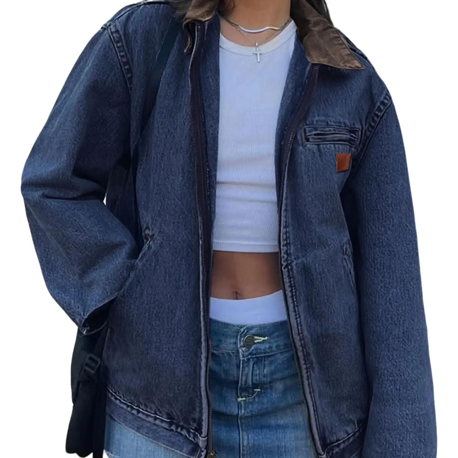 Women's Clean Fit Zipper Denim Jacket - Long Sleeve Casual Jean Jacket