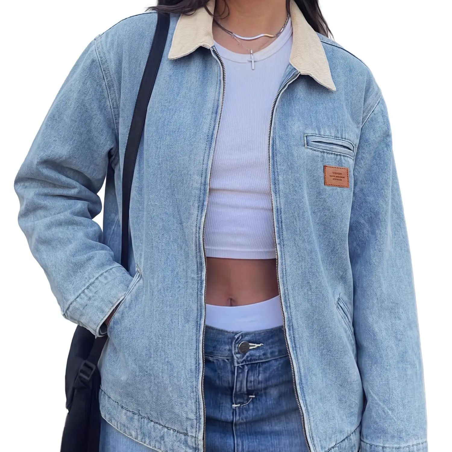 Women's Clean Fit Zipper Denim Jacket - Long Sleeve Casual Jean Jacket