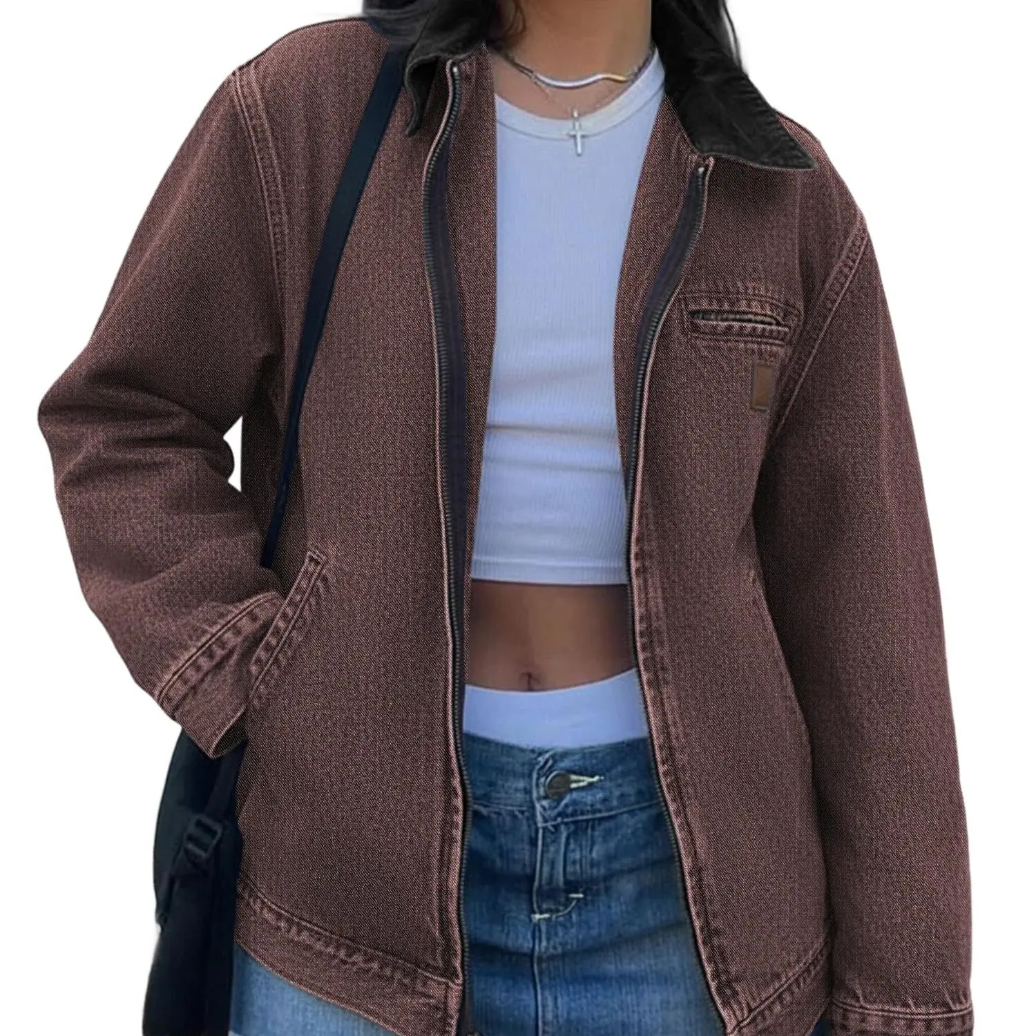 Women's Clean Fit Zipper Denim Jacket - Long Sleeve Casual Jean Jacket