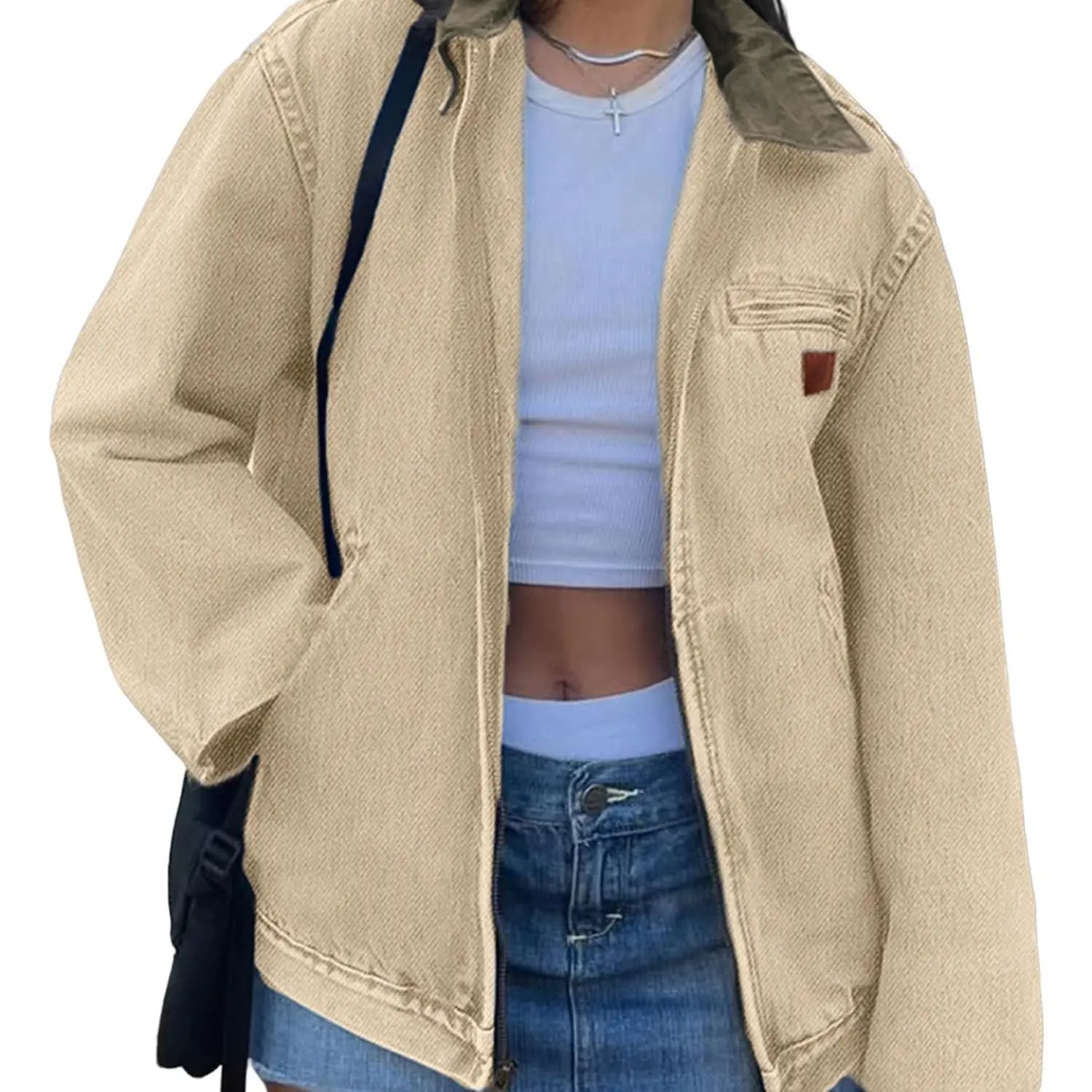 Women's Clean Fit Zipper Denim Jacket - Long Sleeve Casual Jean Jacket