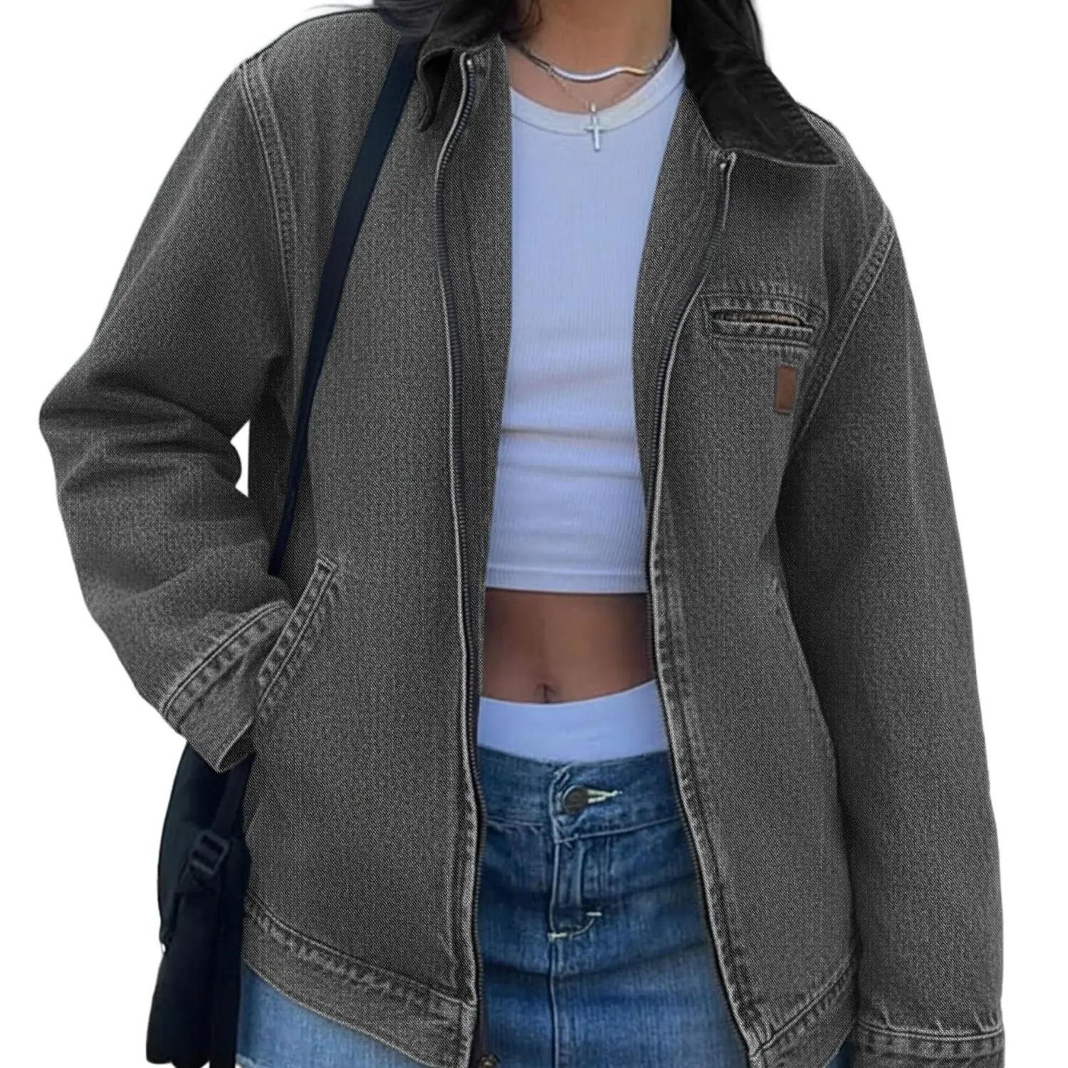 Women's Clean Fit Zipper Denim Jacket - Long Sleeve Casual Jean Jacket