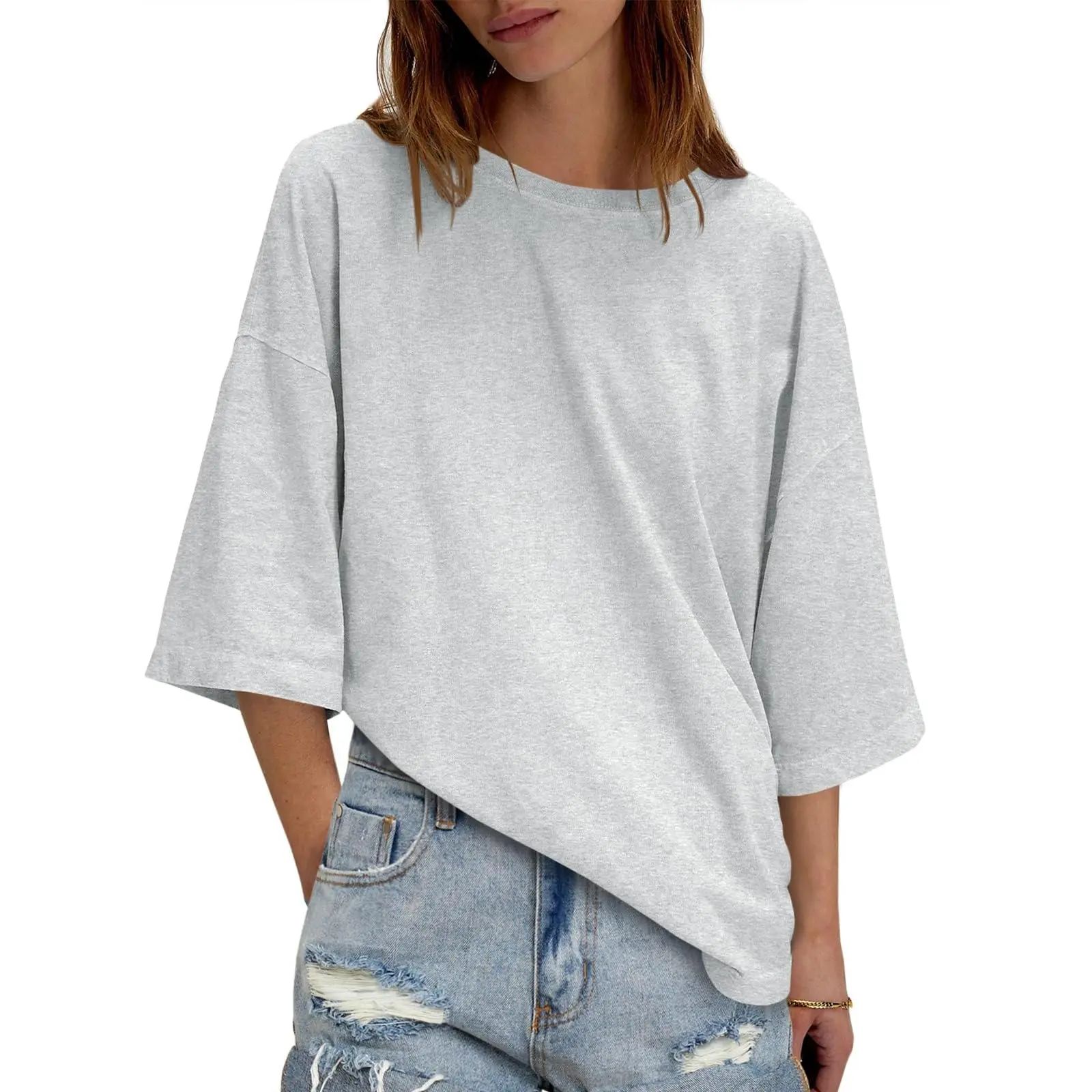 Women's Oversized Boxy Crewneck T-Shirt - Casual Half Sleeve Loose Fit Tunic Top