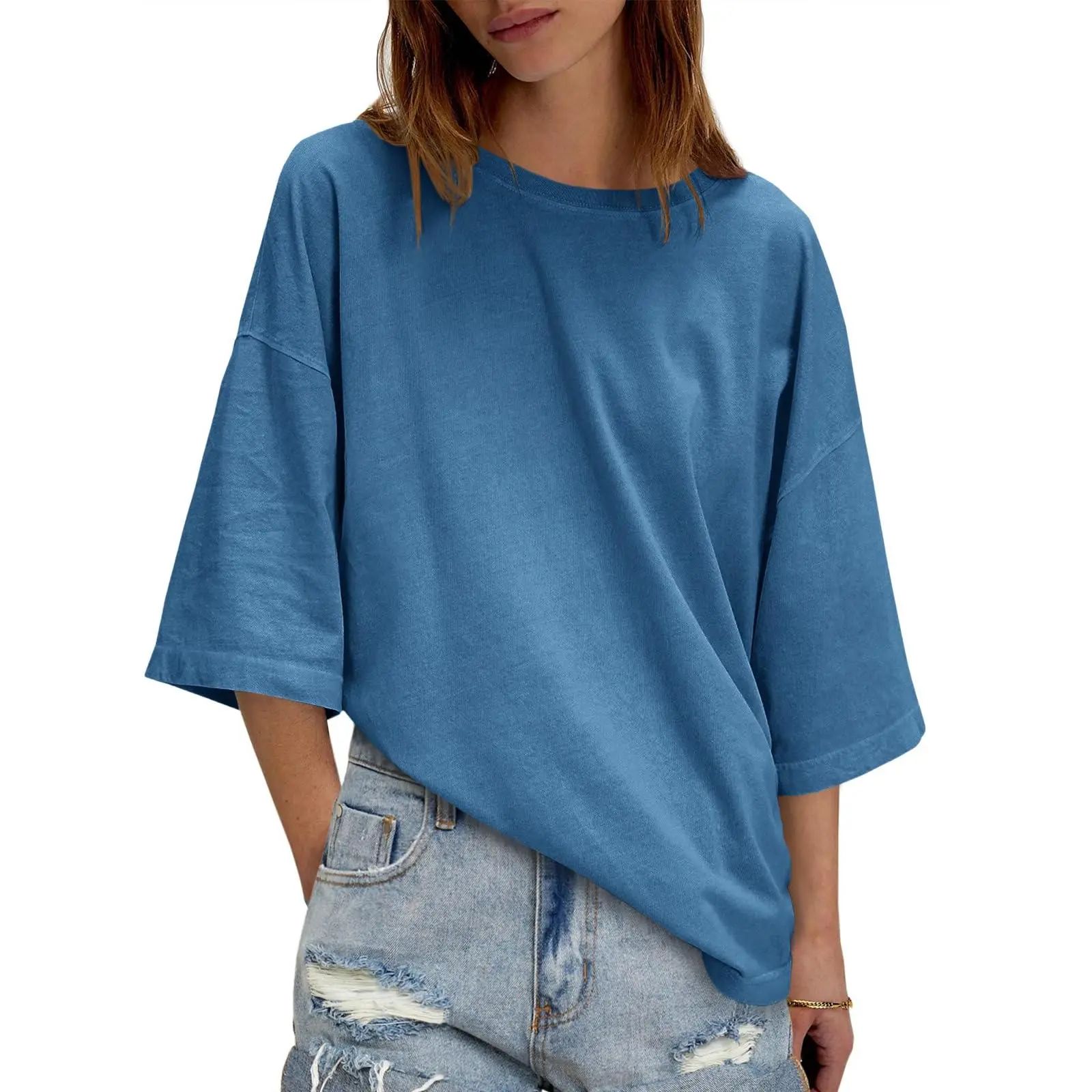 Women's Oversized Boxy Crewneck T-Shirt - Casual Half Sleeve Loose Fit Tunic Top