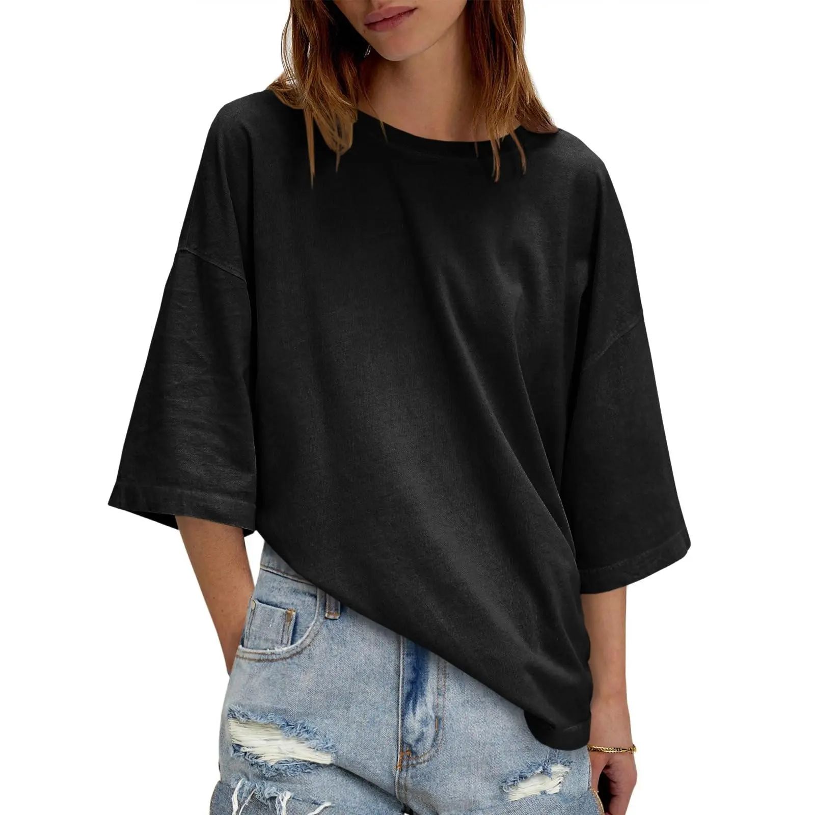 Women's Oversized Boxy Crewneck T-Shirt - Casual Half Sleeve Loose Fit Tunic Top