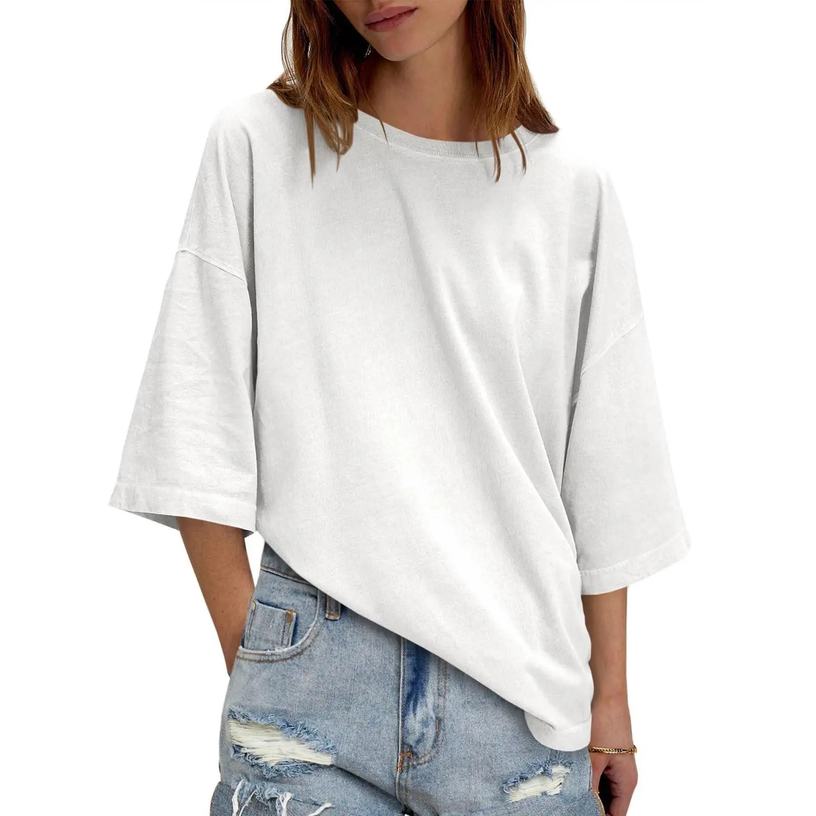 Women's Oversized Boxy Crewneck T-Shirt - Casual Half Sleeve Loose Fit Tunic Top