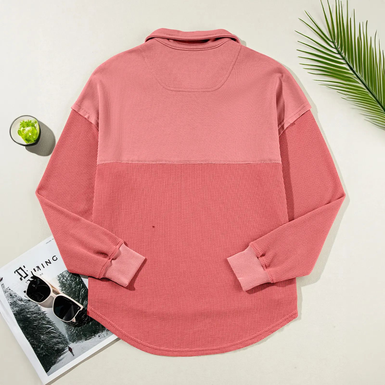 Women's Half-Zip Waffle Knit Pullover - Oversized Long Sleeve Casual Cotton Top