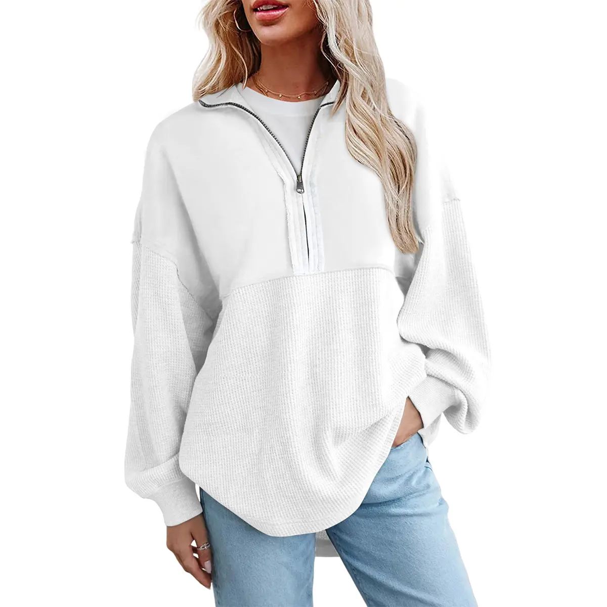 Women's Half-Zip Waffle Knit Pullover - Oversized Long Sleeve Casual Cotton Top