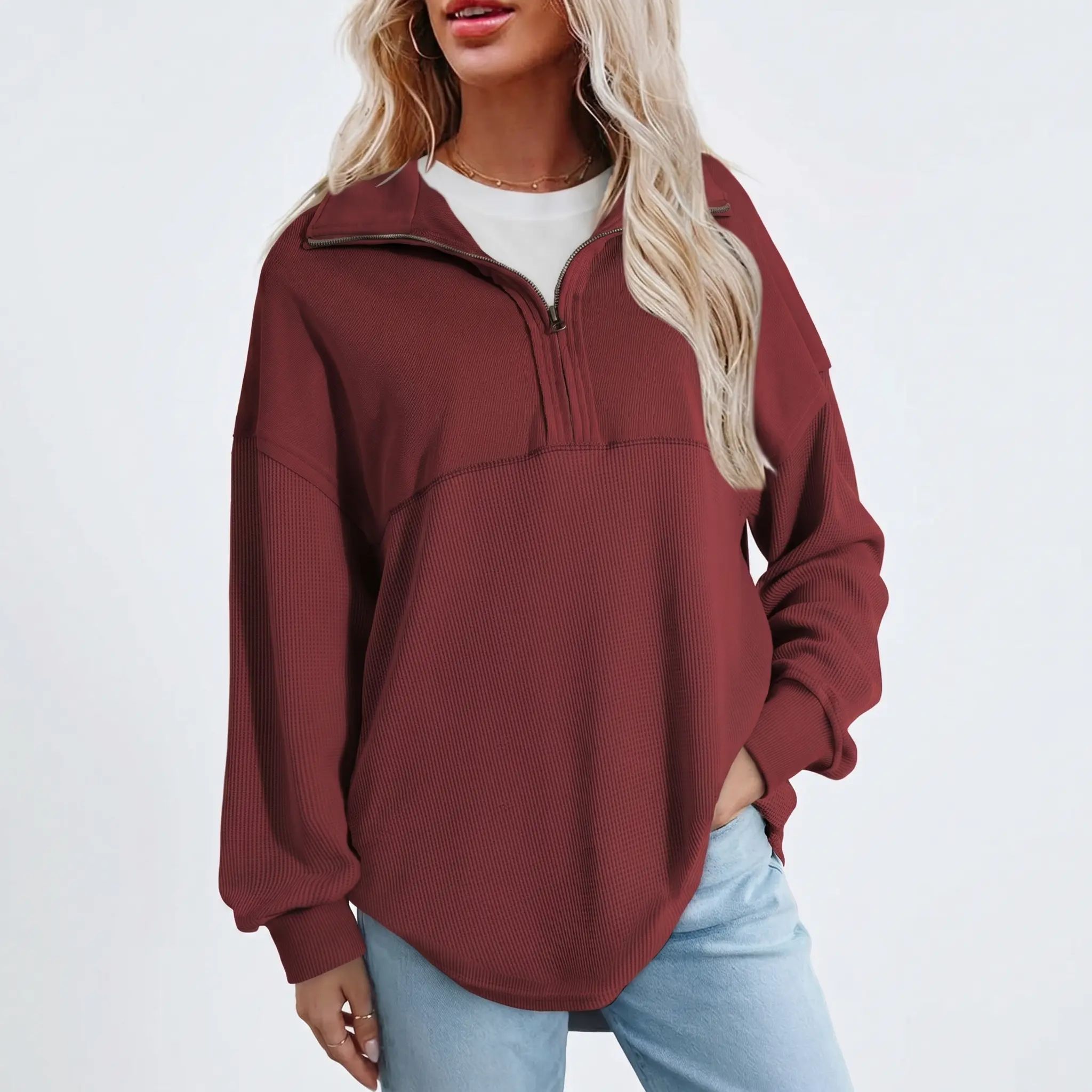 Women's Half-Zip Waffle Knit Pullover - Oversized Long Sleeve Casual Cotton Top