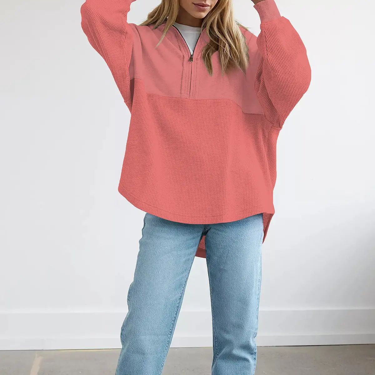 Women's Half-Zip Waffle Knit Pullover - Oversized Long Sleeve Casual Cotton Top