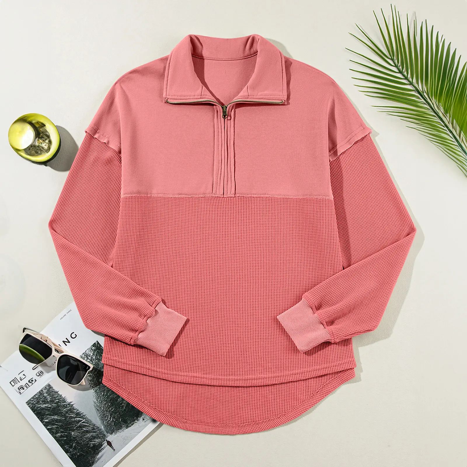 Women's Half-Zip Waffle Knit Pullover - Oversized Long Sleeve Casual Cotton Top