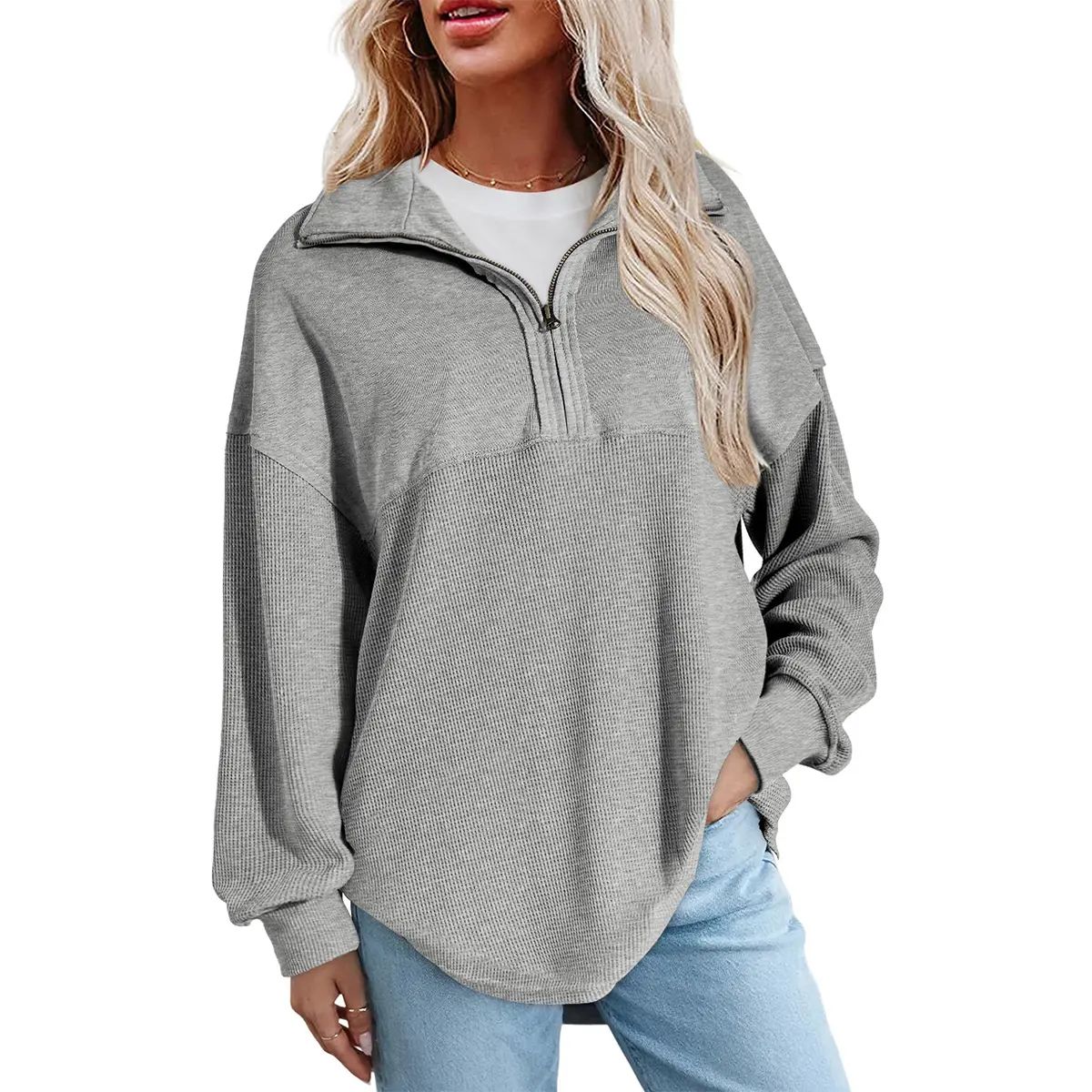 Women's Half-Zip Waffle Knit Pullover - Oversized Long Sleeve Casual Cotton Top