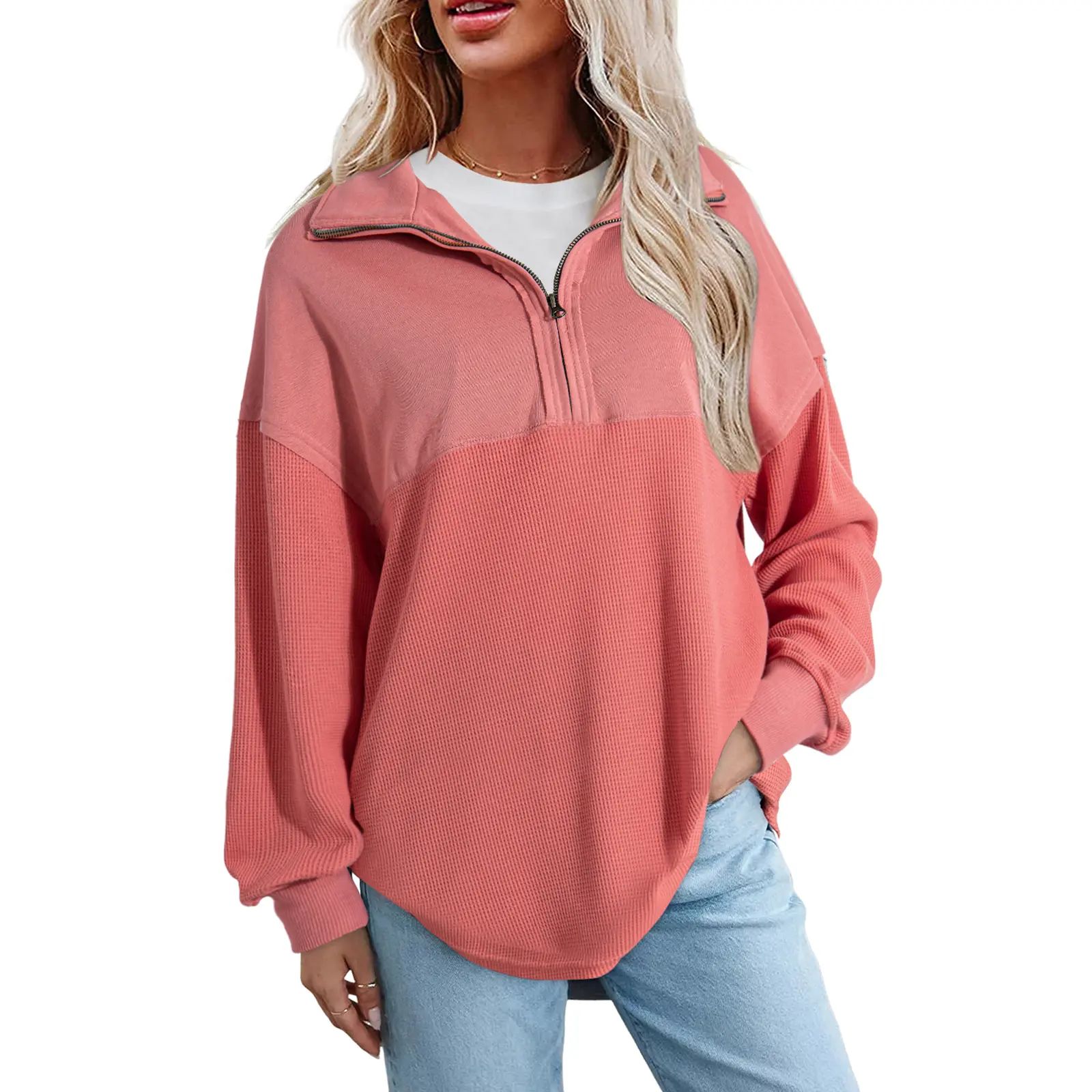 Women's Half-Zip Waffle Knit Pullover - Oversized Long Sleeve Casual Cotton Top