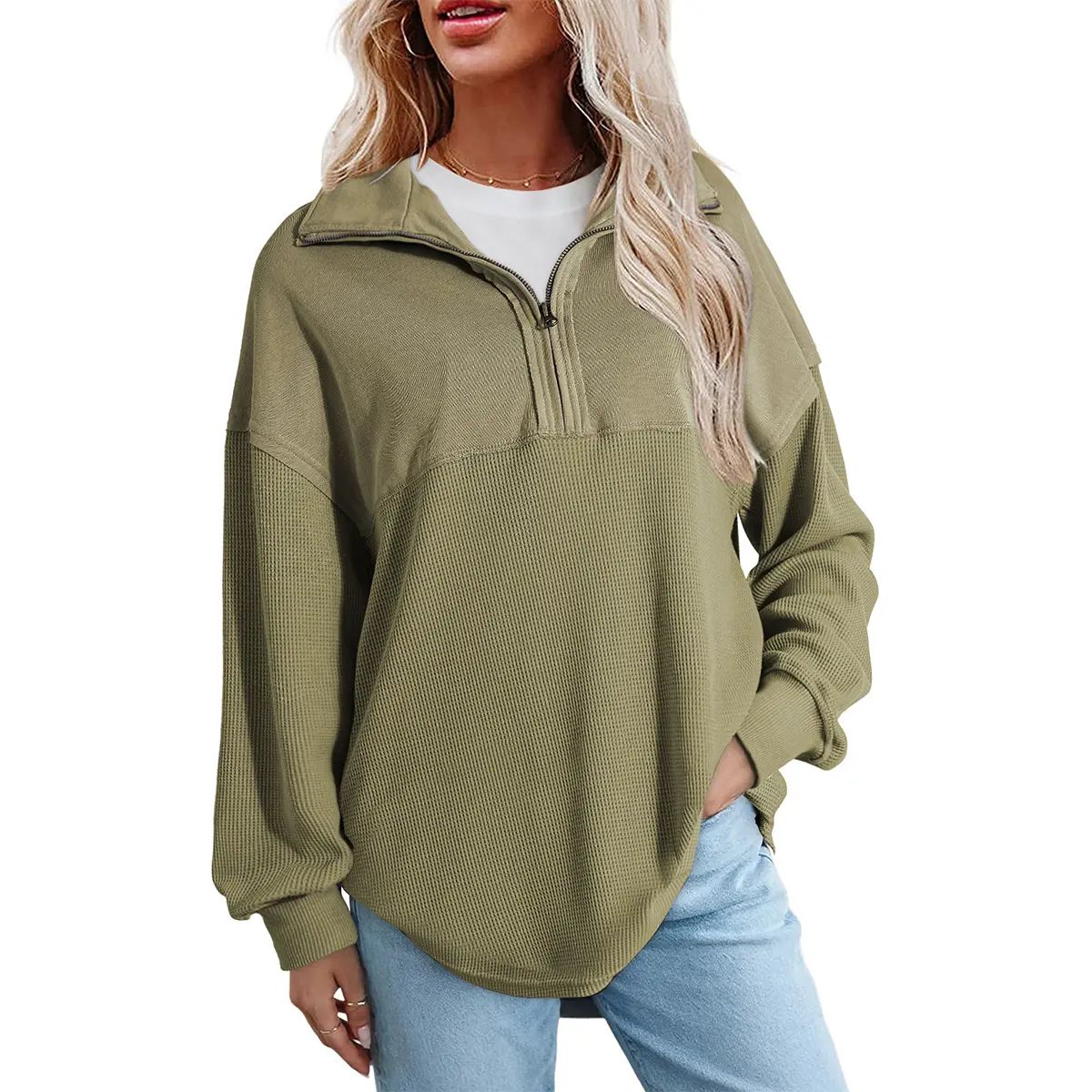 Women's Half-Zip Waffle Knit Pullover - Oversized Long Sleeve Casual Cotton Top