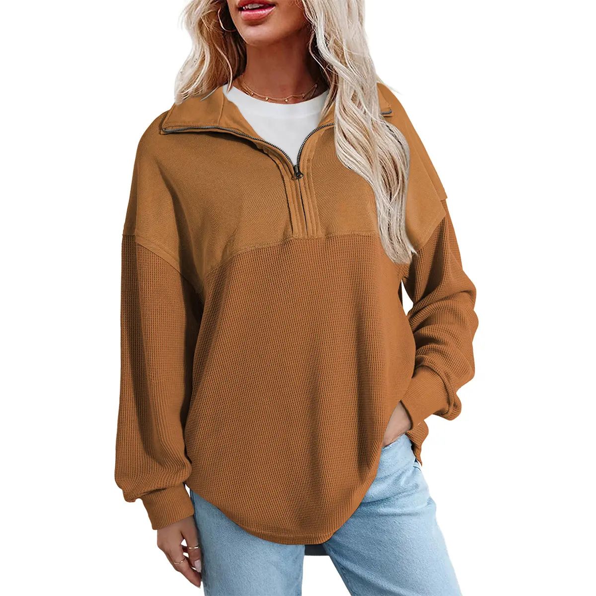 Women's Half-Zip Waffle Knit Pullover - Oversized Long Sleeve Casual Cotton Top