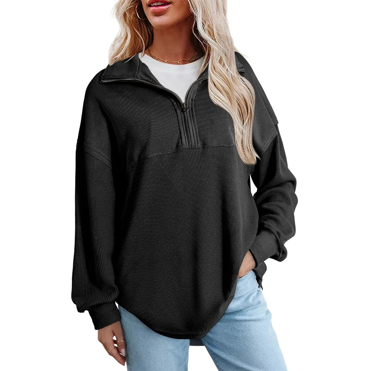 Women's Half-Zip Waffle Knit Pullover - Oversized Long Sleeve Casual Cotton Top