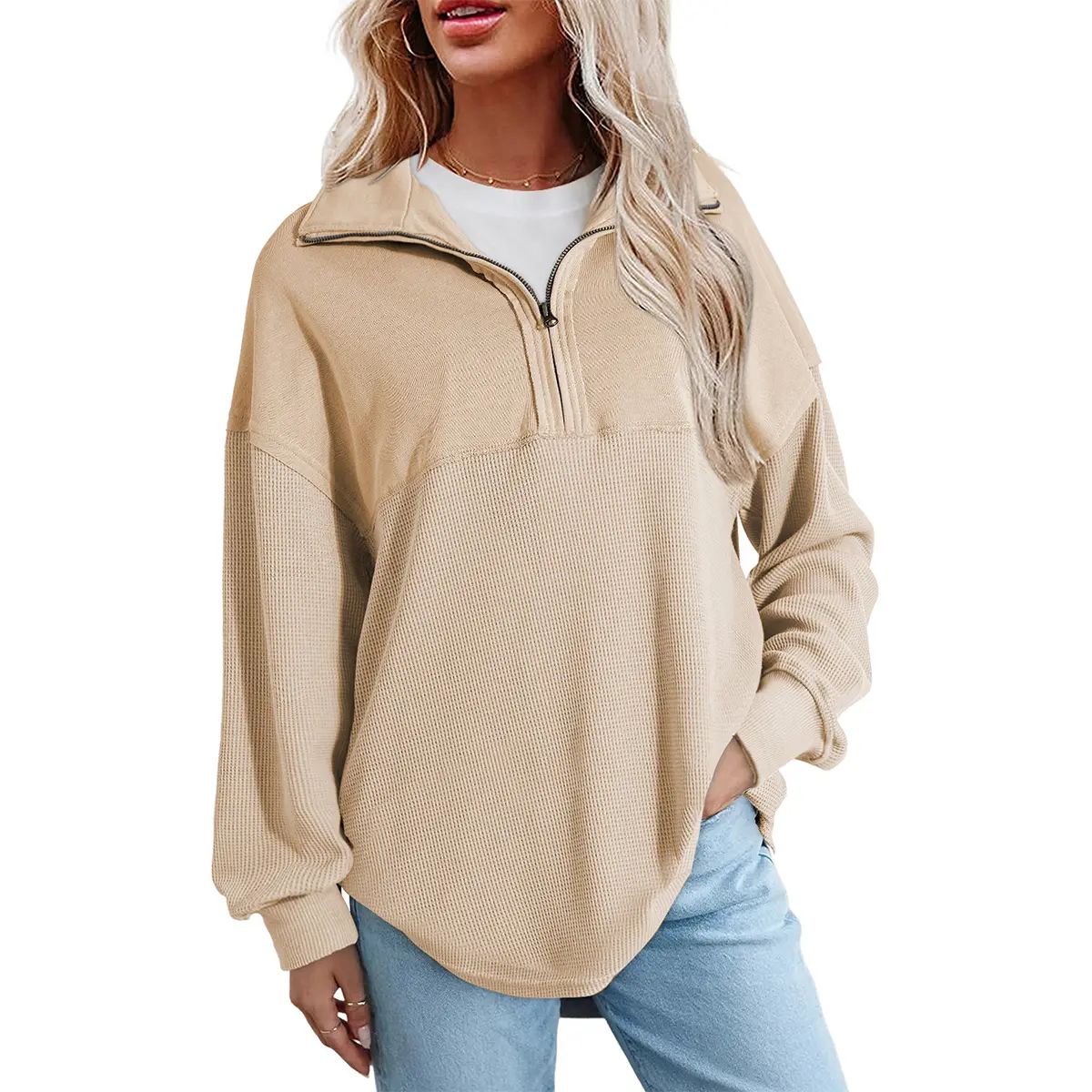 Women's Half-Zip Waffle Knit Pullover - Oversized Long Sleeve Casual Cotton Top
