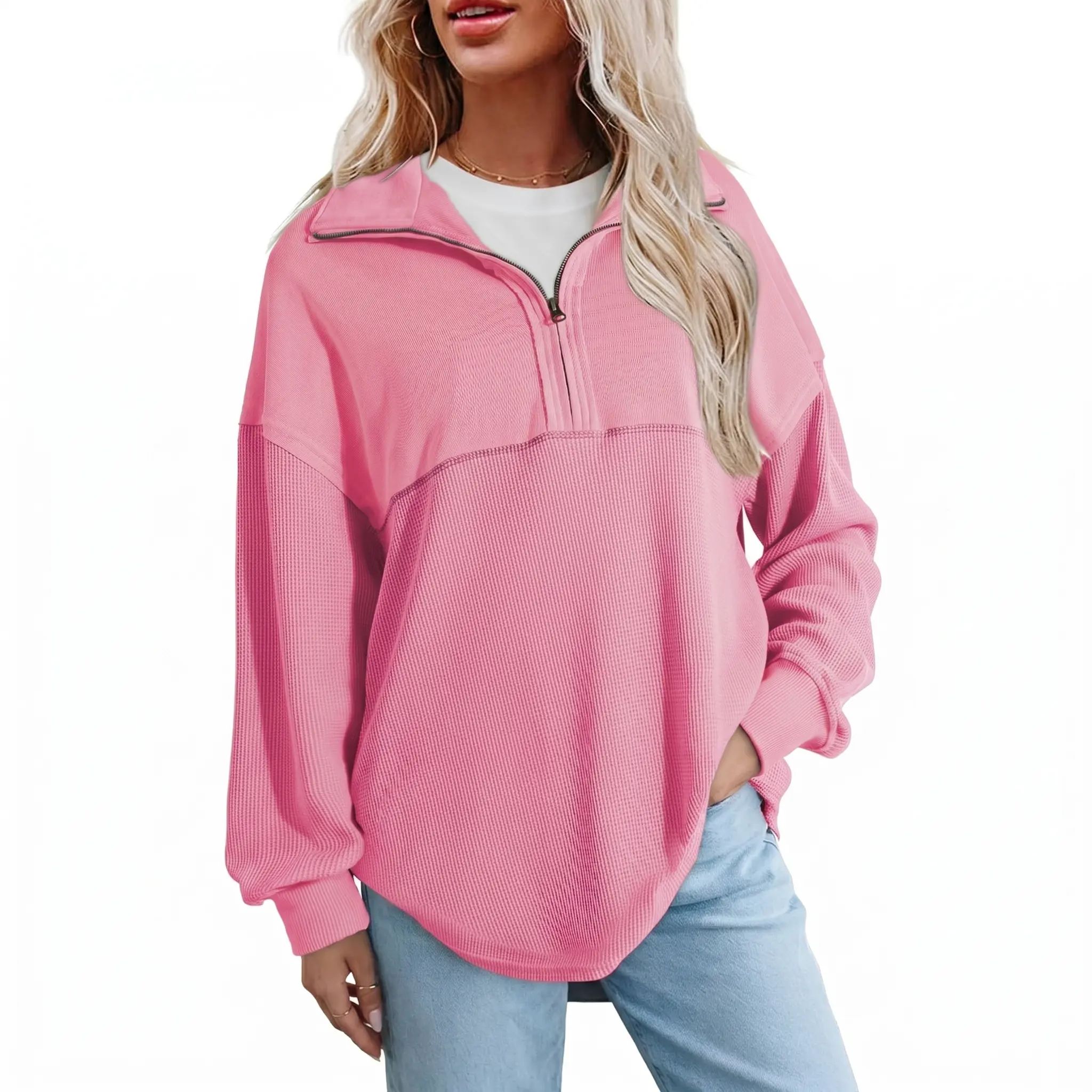 Women's Half-Zip Waffle Knit Pullover - Oversized Long Sleeve Casual Cotton Top