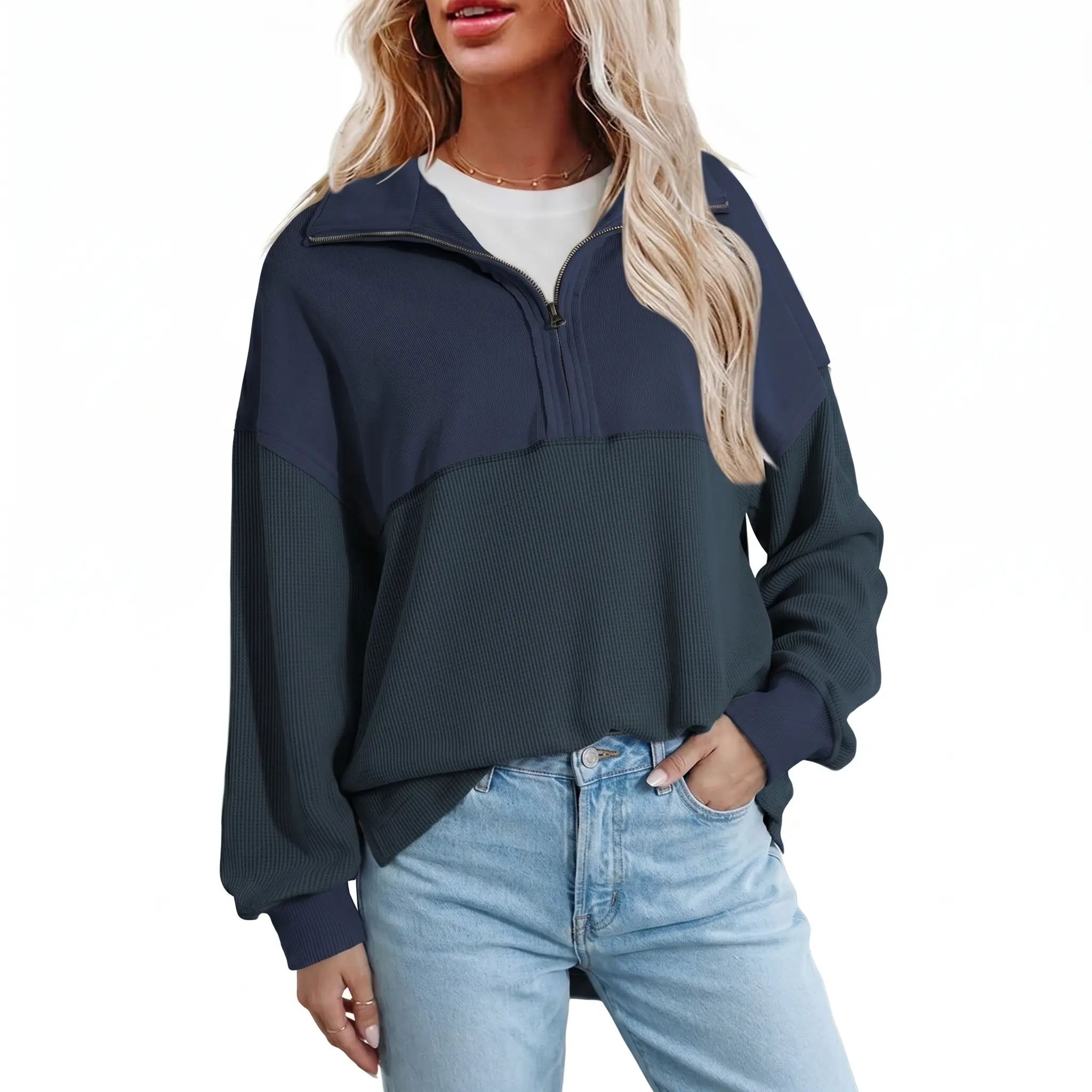 Women's Half-Zip Waffle Knit Pullover - Oversized Long Sleeve Casual Cotton Top