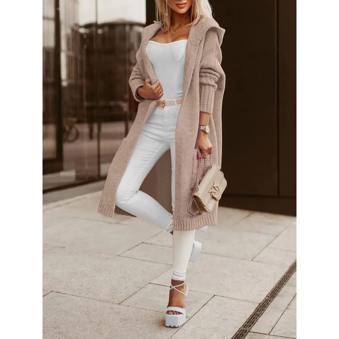 Womens Long Cardigans Cable Knitted Open Front Oversized Hooded Outerwear Sweater Coat