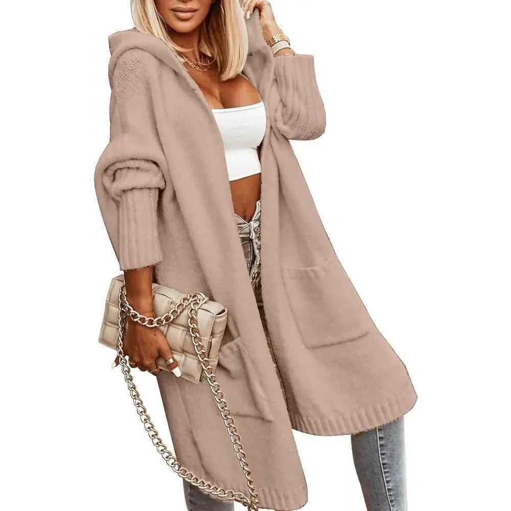 Womens Long Cardigans Cable Knitted Open Front Oversized Hooded Outerwear Sweater Coat
