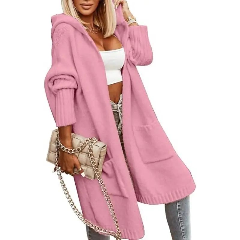 Womens Long Cardigans Cable Knitted Open Front Oversized Hooded Outerwear Sweater Coat