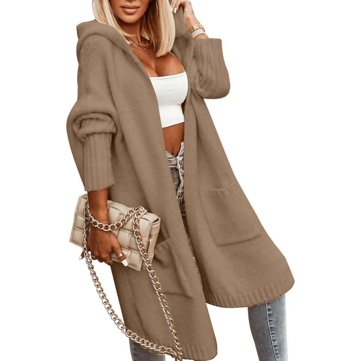 Womens Long Cardigans Cable Knitted Open Front Oversized Hooded Outerwear Sweater Coat