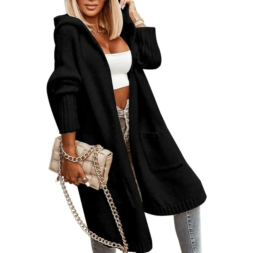 Womens Long Cardigans Cable Knitted Open Front Oversized Hooded Outerwear Sweater Coat