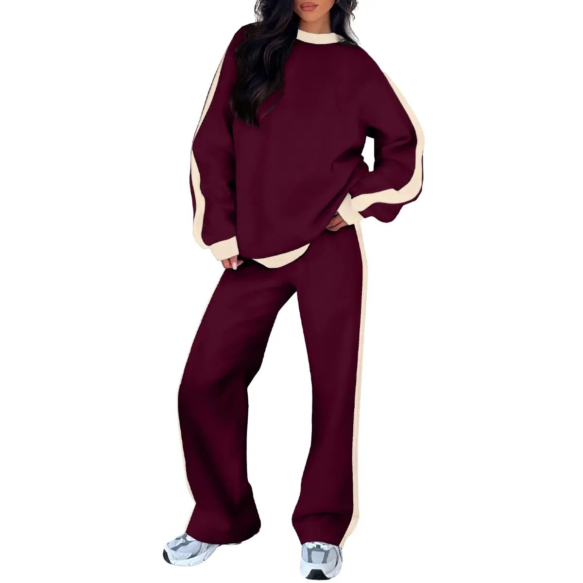 Women's Fleece Sweatsuit 2-Piece Matching Set - Loose Crewneck Sweatshirt & Straight Leg Sweatpants