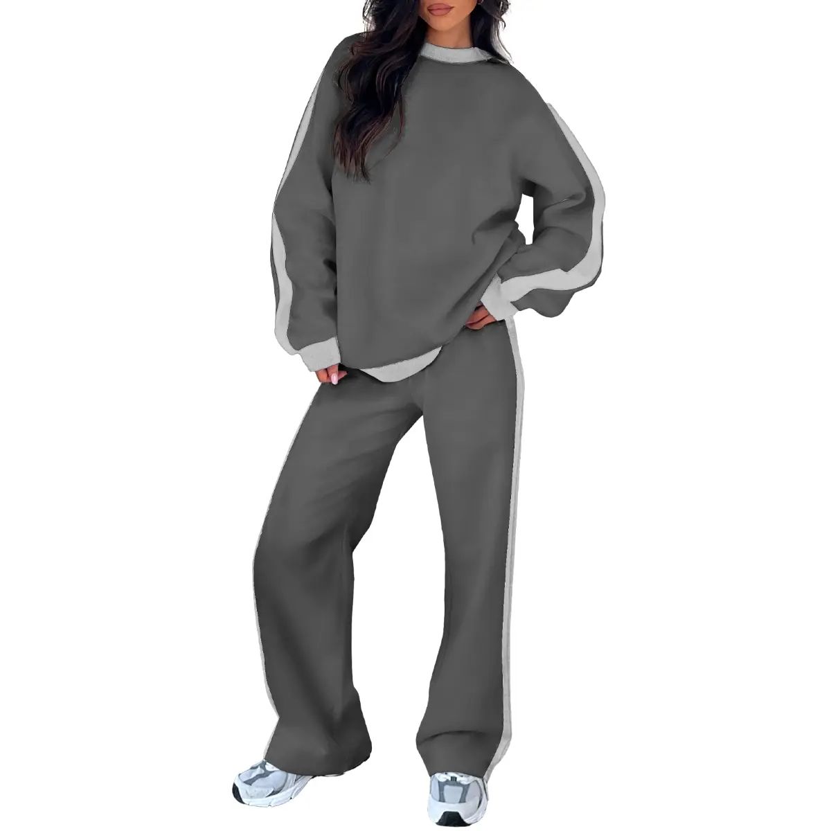 Women's Fleece Sweatsuit 2-Piece Matching Set - Loose Crewneck Sweatshirt & Straight Leg Sweatpants