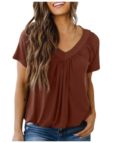 V-Neck Casual Blouse – Soft & Flowy Short Sleeve Top for Women