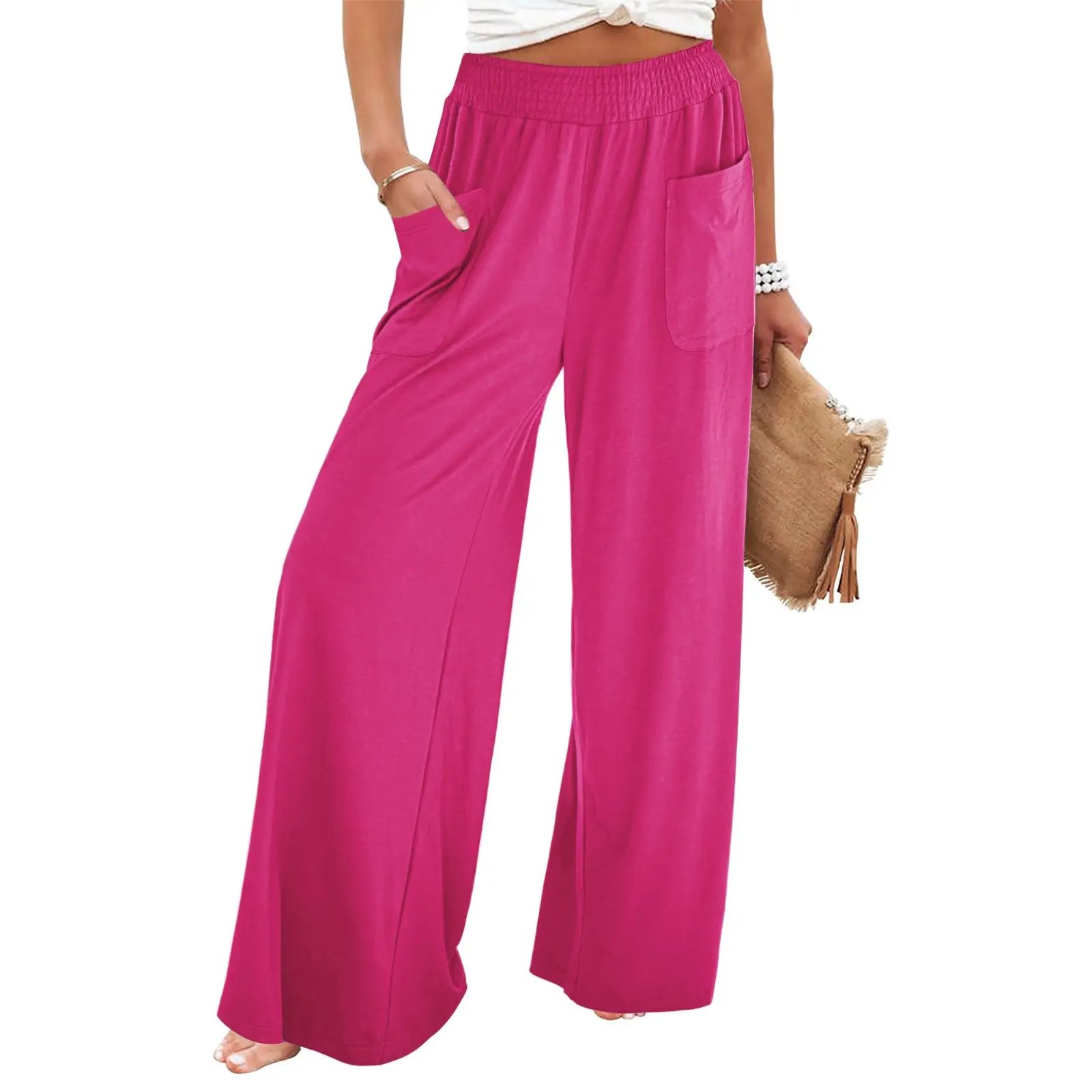 Women's High-Waisted Smocked Elastic Palazzo Pants