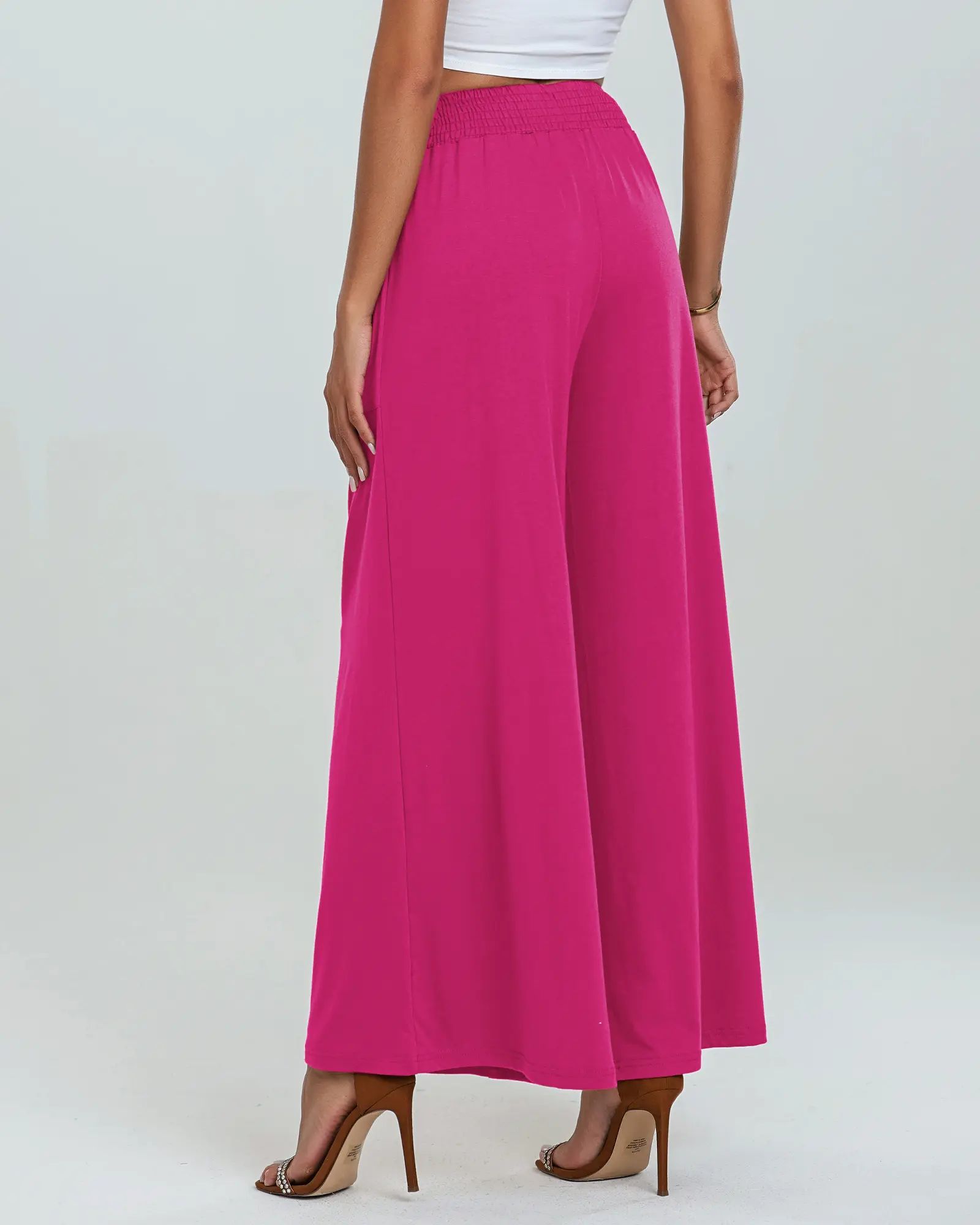 Women's High-Waisted Smocked Elastic Palazzo Pants