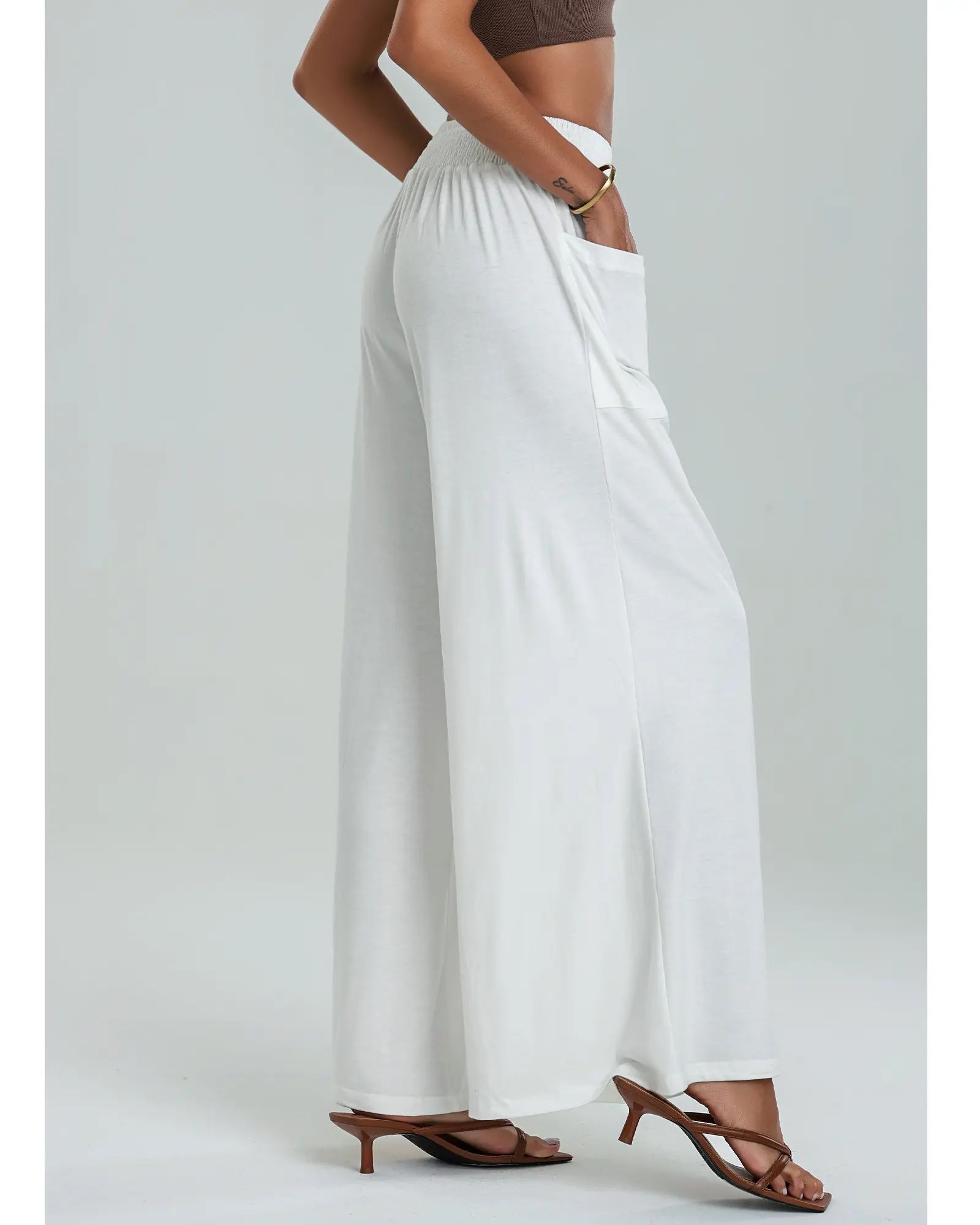 Women's High-Waisted Smocked Elastic Palazzo Pants