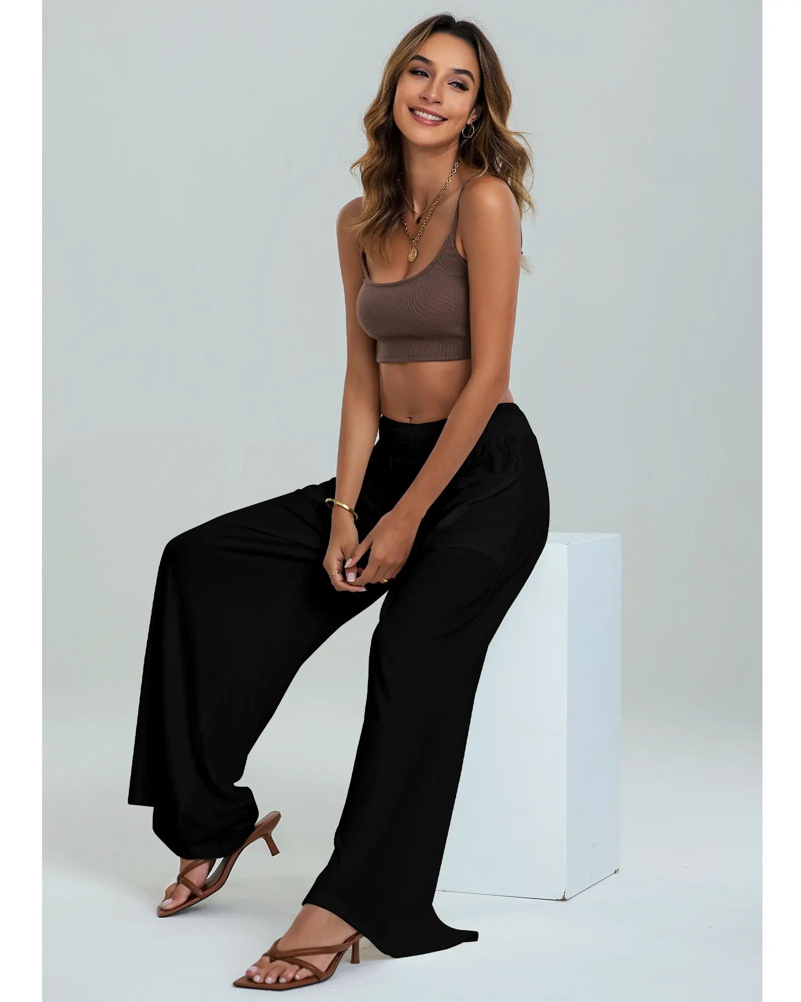 Women's High-Waisted Smocked Elastic Palazzo Pants