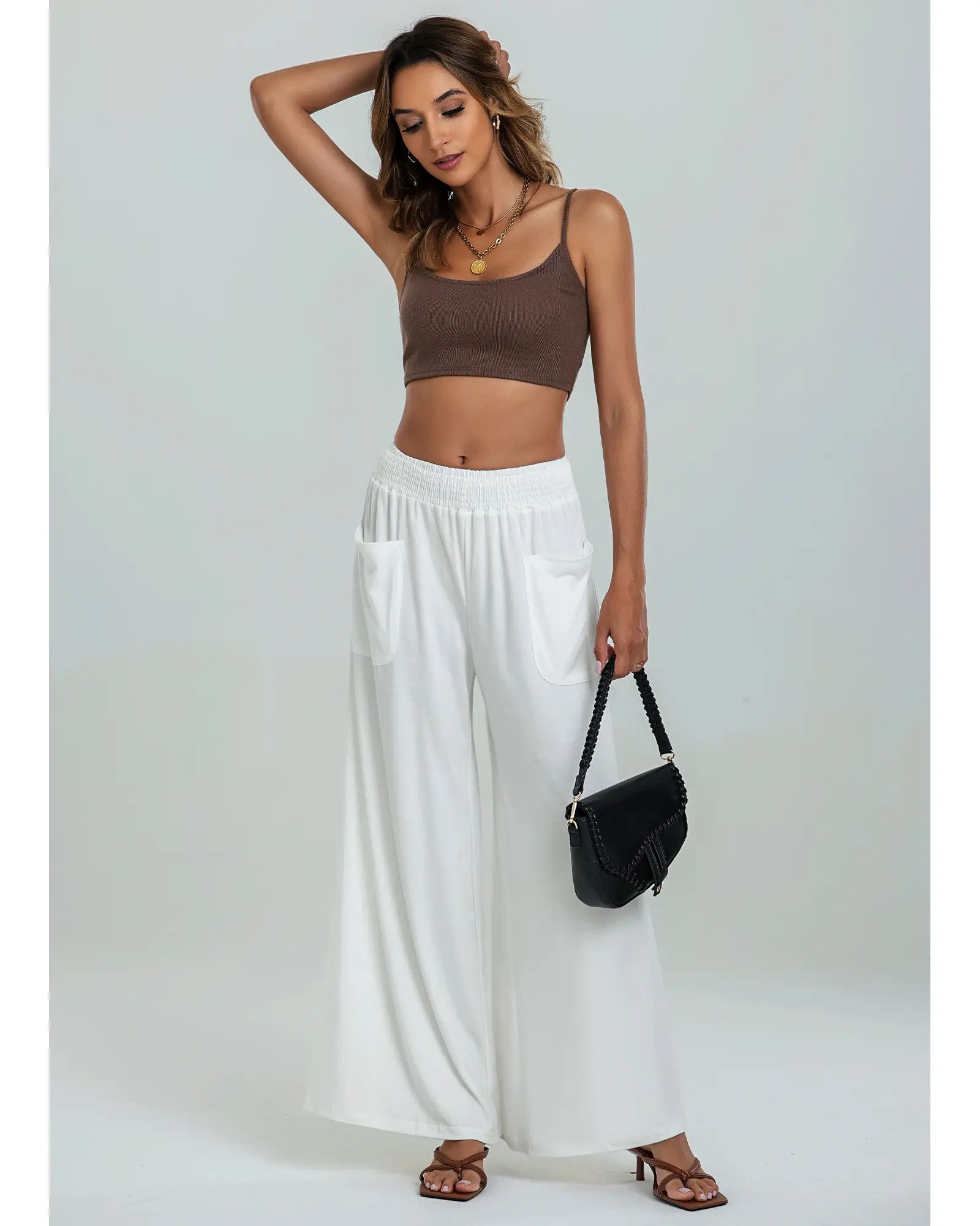 Women's High-Waisted Smocked Elastic Palazzo Pants