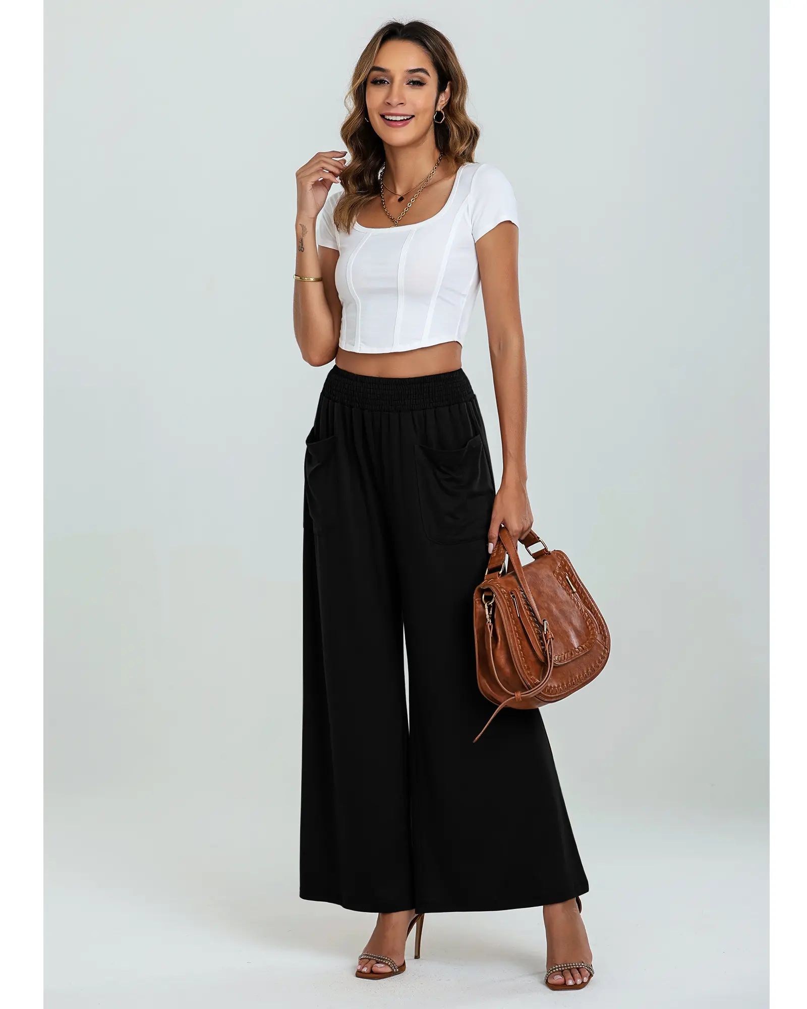 Women's High-Waisted Smocked Elastic Palazzo Pants