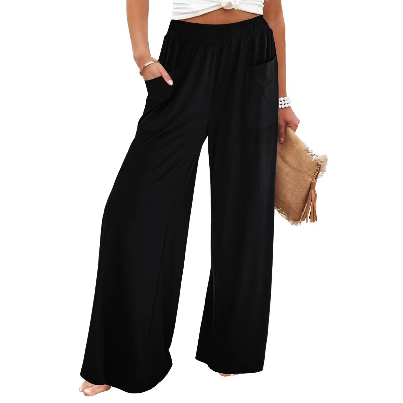 Women's High-Waisted Smocked Elastic Palazzo Pants