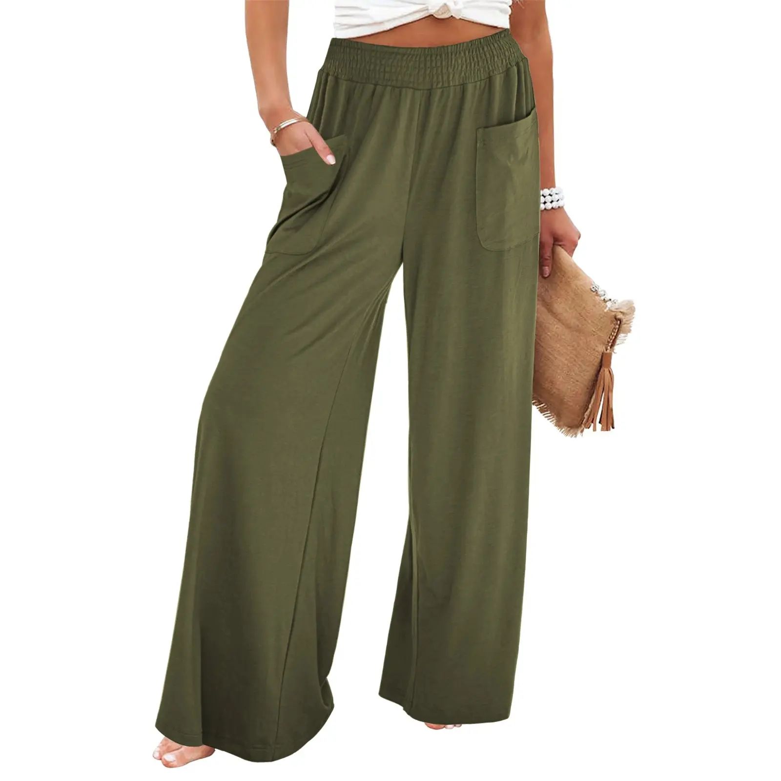 Women's High-Waisted Smocked Elastic Palazzo Pants
