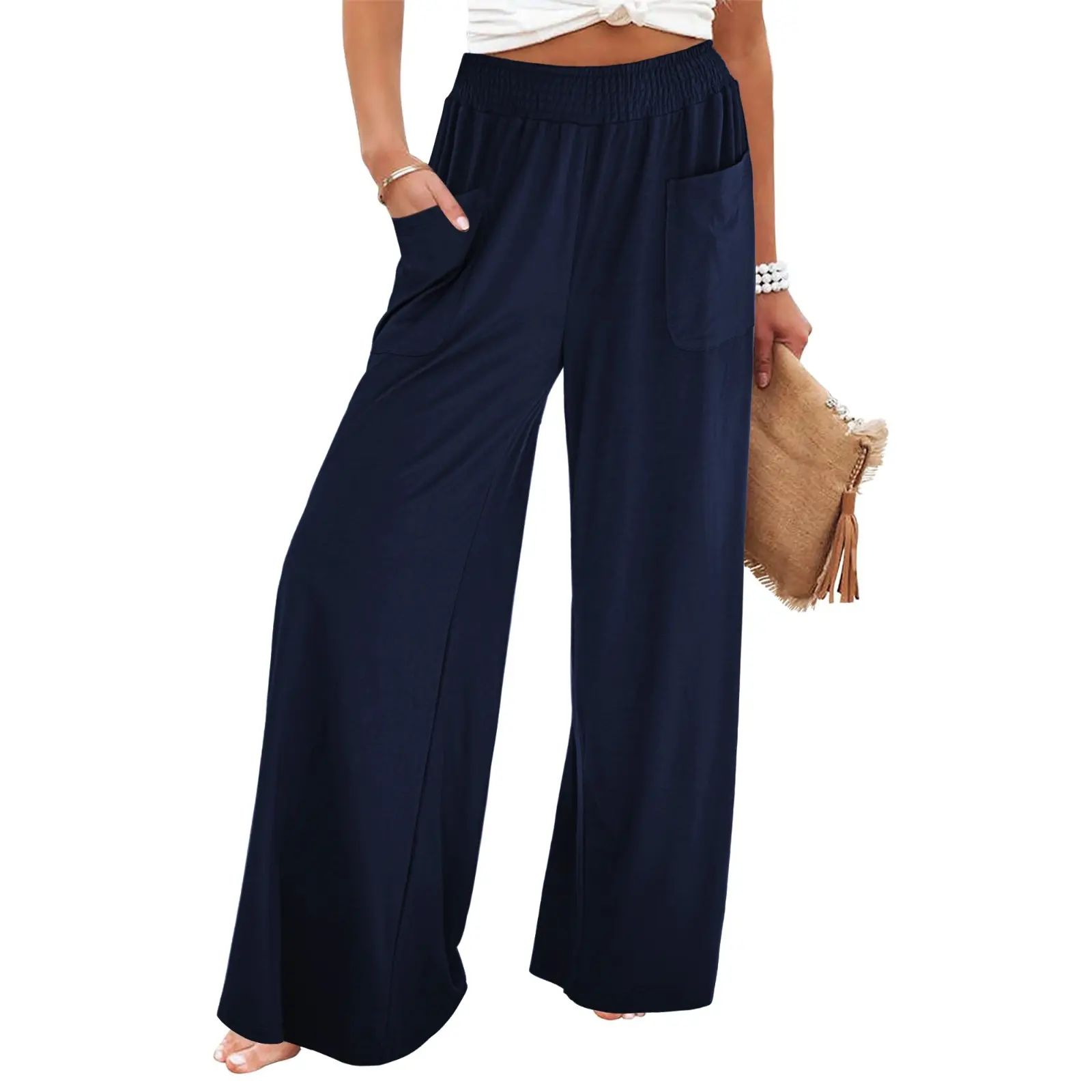 Women's High-Waisted Smocked Elastic Palazzo Pants