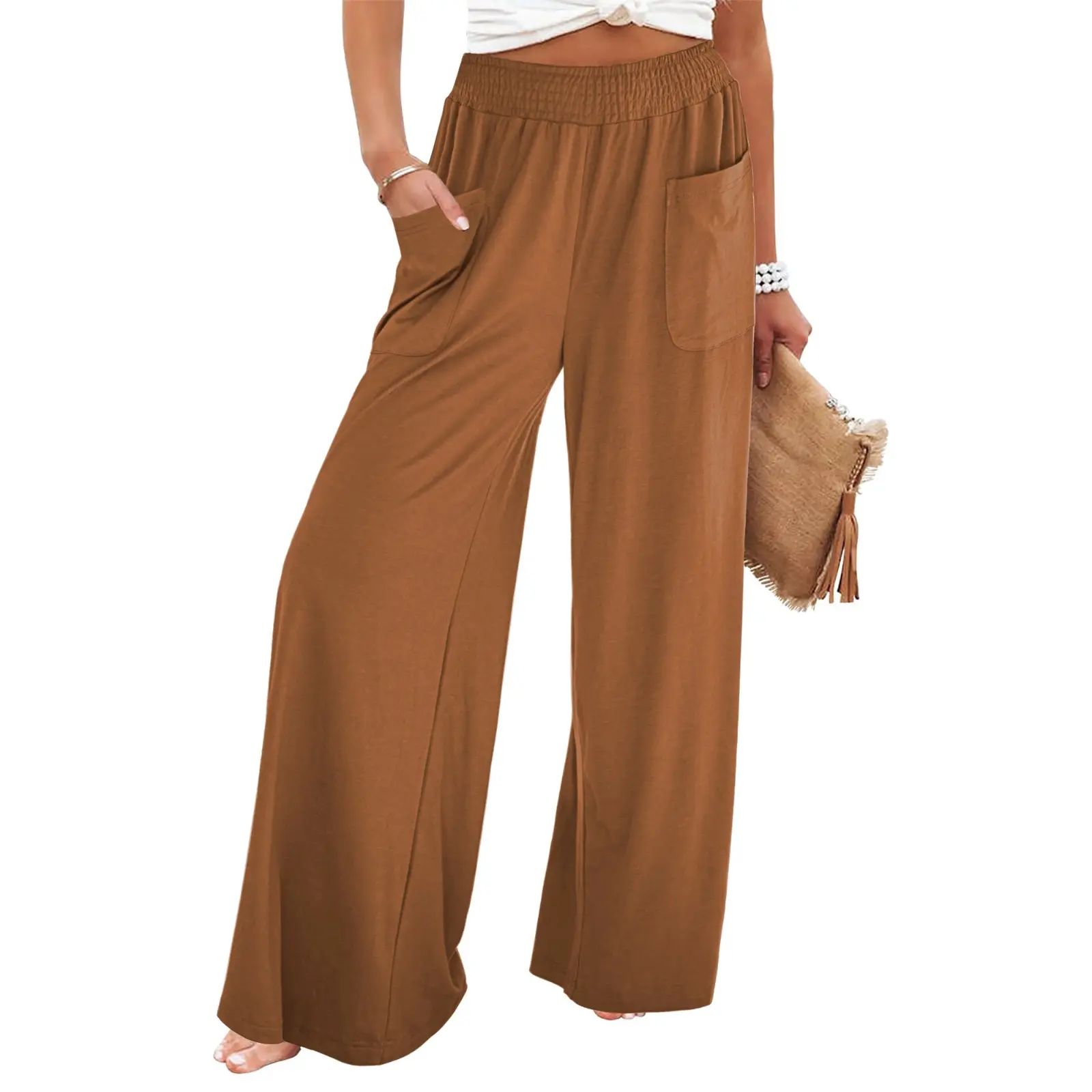 Women's High-Waisted Smocked Elastic Palazzo Pants