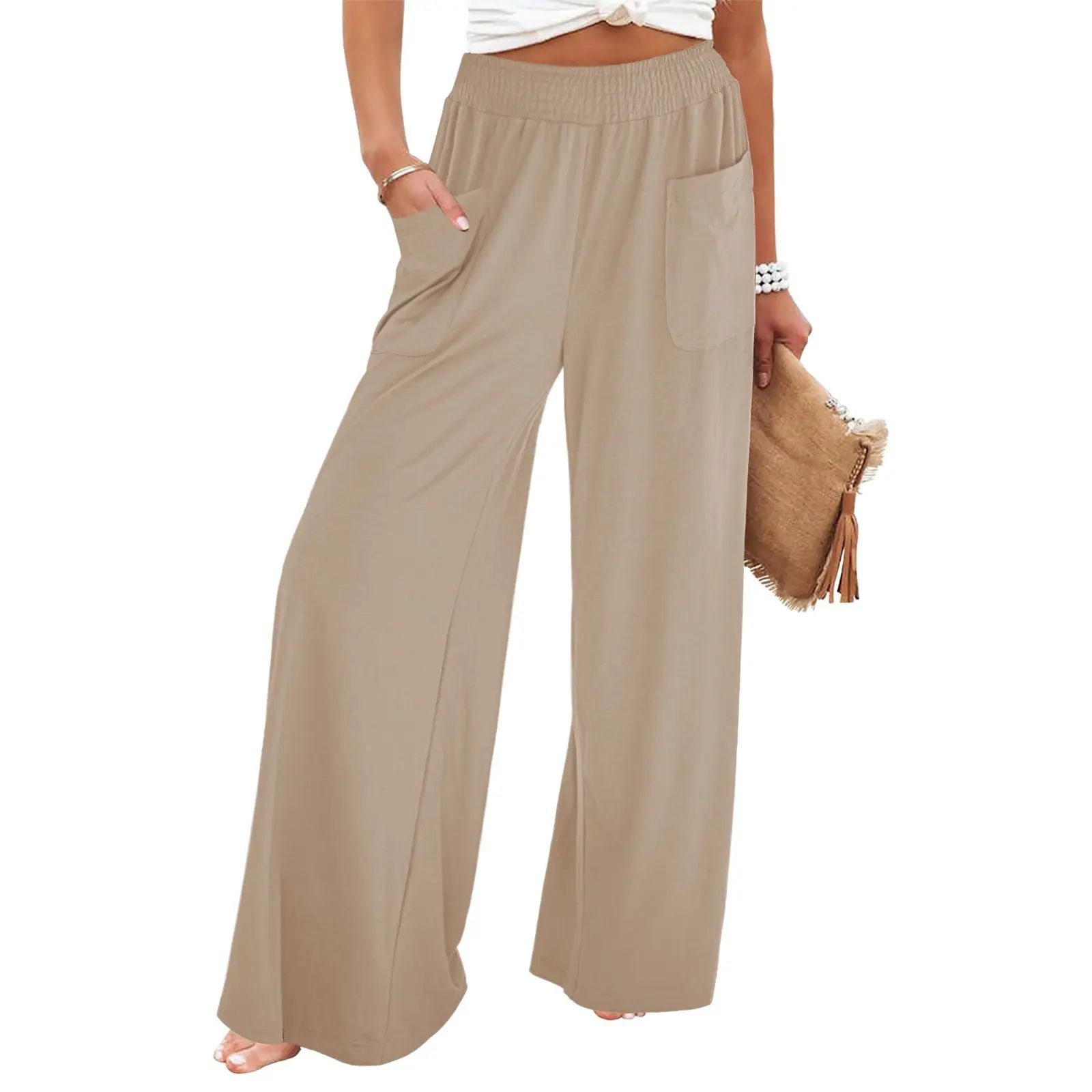 Women's High-Waisted Smocked Elastic Palazzo Pants