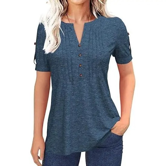 Women’s V Neck T Shirt – Casual Pleated Button Top, Loose Fit Short Sleeve Summer Tee