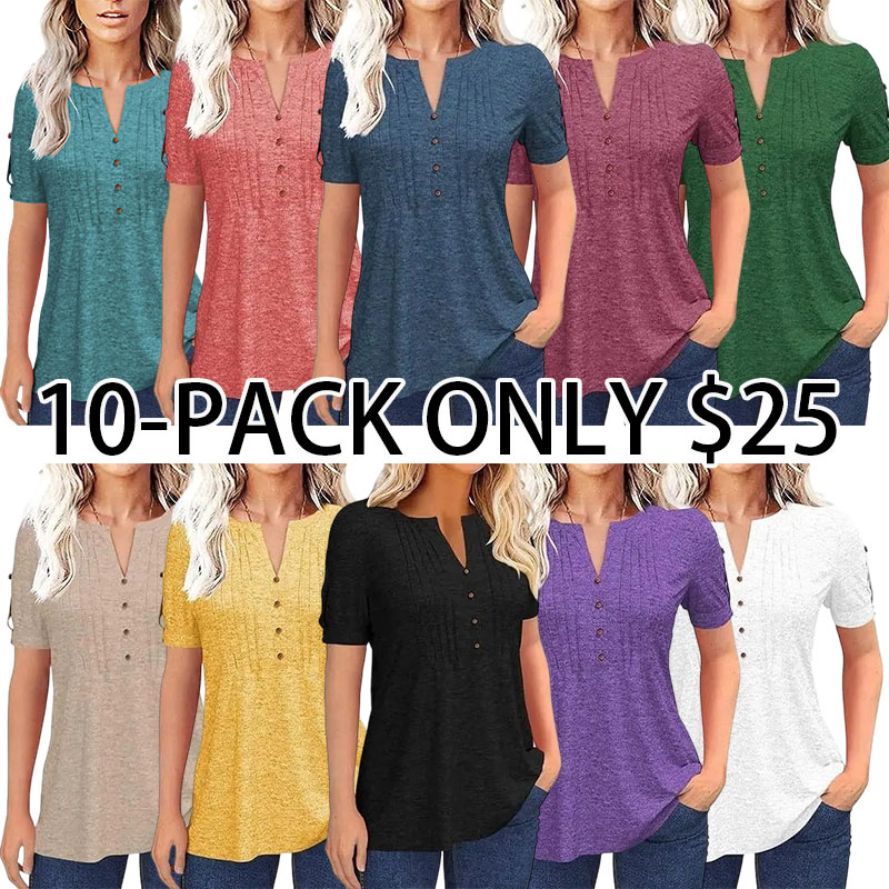 Women’s V Neck T Shirt – Casual Pleated Button Top, Loose Fit Short Sleeve Summer Tee